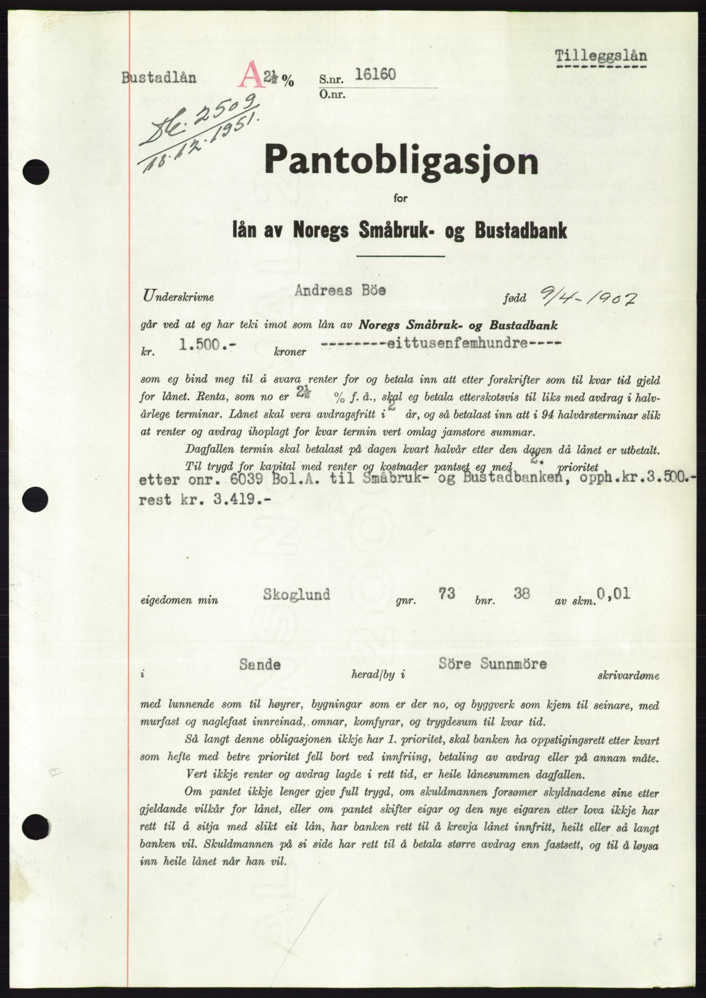 Søre Sunnmøre sorenskriveri, AV/SAT-A-4122/1/2/2C/L0121: Mortgage book no. 9B, 1951-1952, Diary no: : 2509/1951