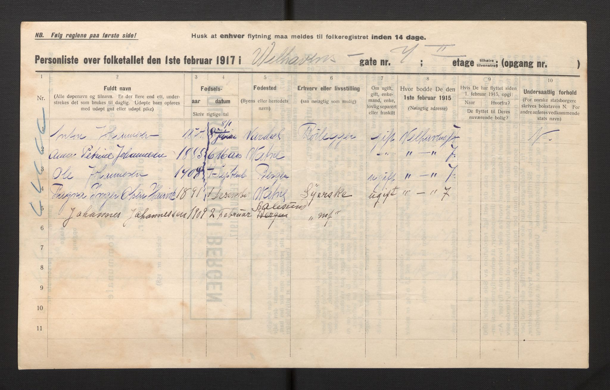 SAB, Municipal Census 1917 for Bergen, 1917, p. 44763
