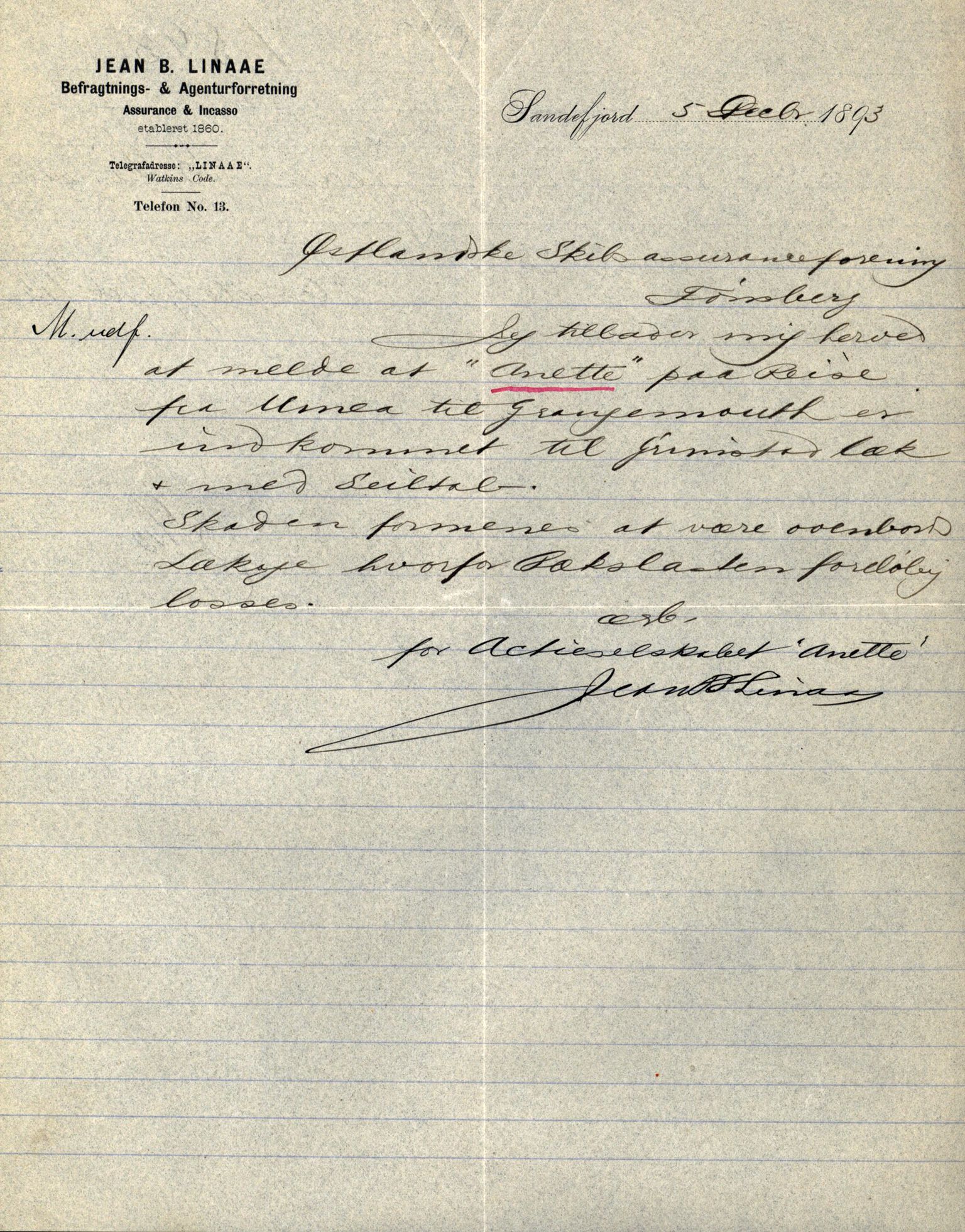 Pa 63 - Østlandske skibsassuranceforening, VEMU/A-1079/G/Ga/L0029/0009: Havaridokumenter / Anette, Agathe, Agra, Buffalo, 1893, p. 2