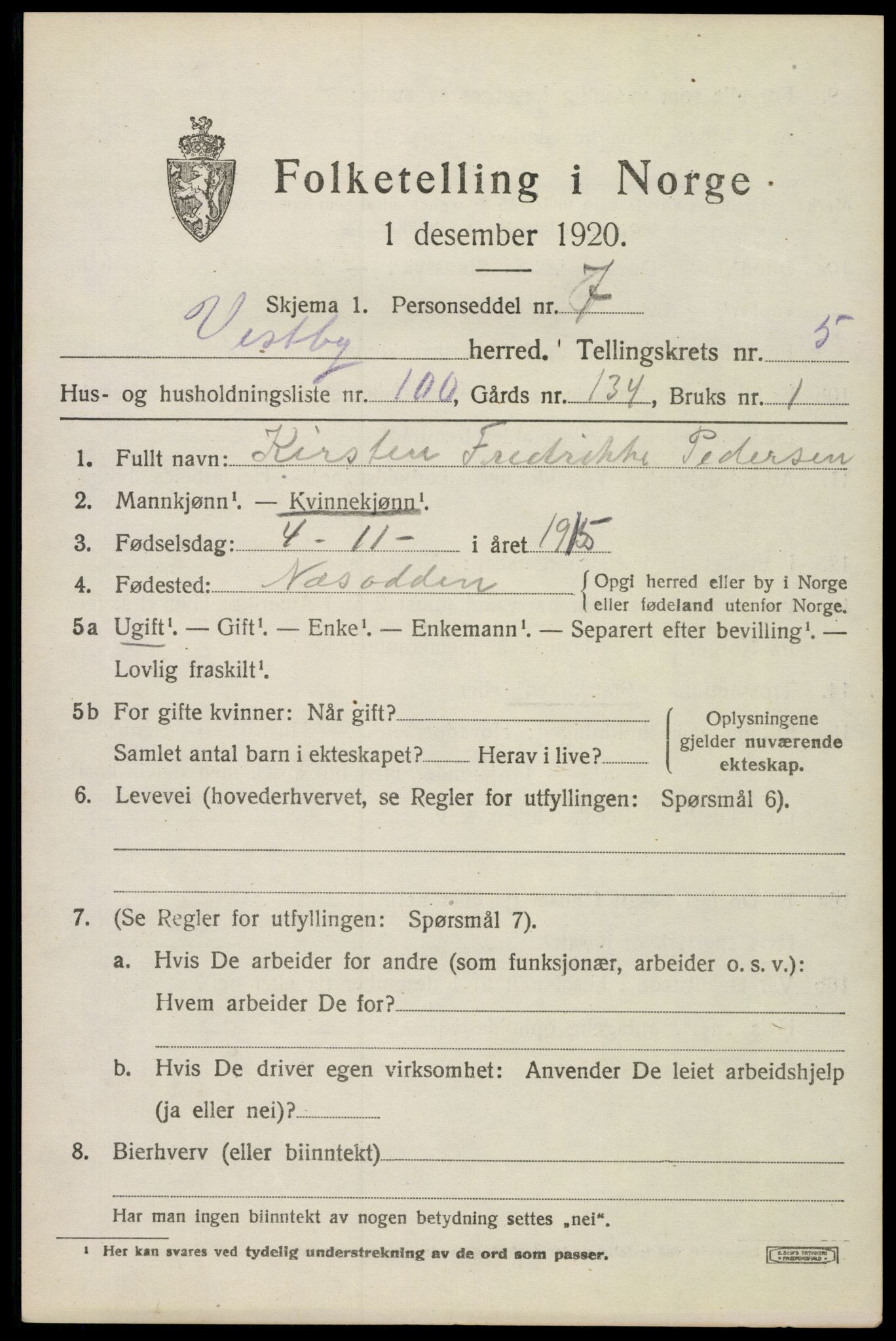 SAO, 1920 census for Vestby, 1920, p. 6357