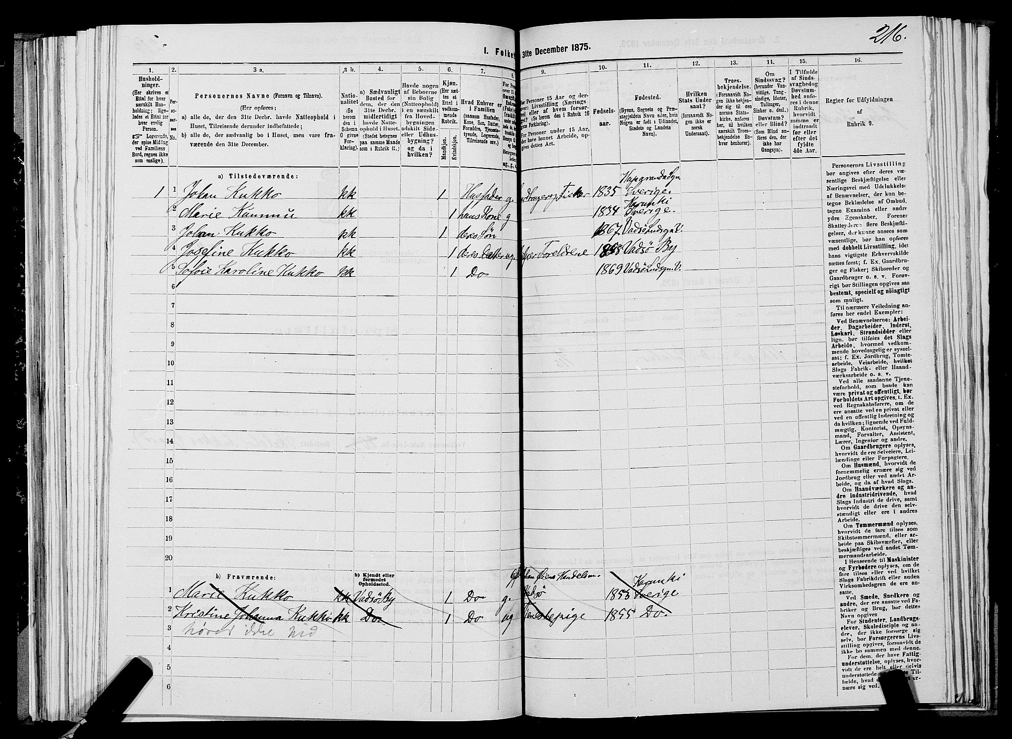 SATØ, 1875 census for 2029L Vadsø/Vadsø, 1875, p. 1216