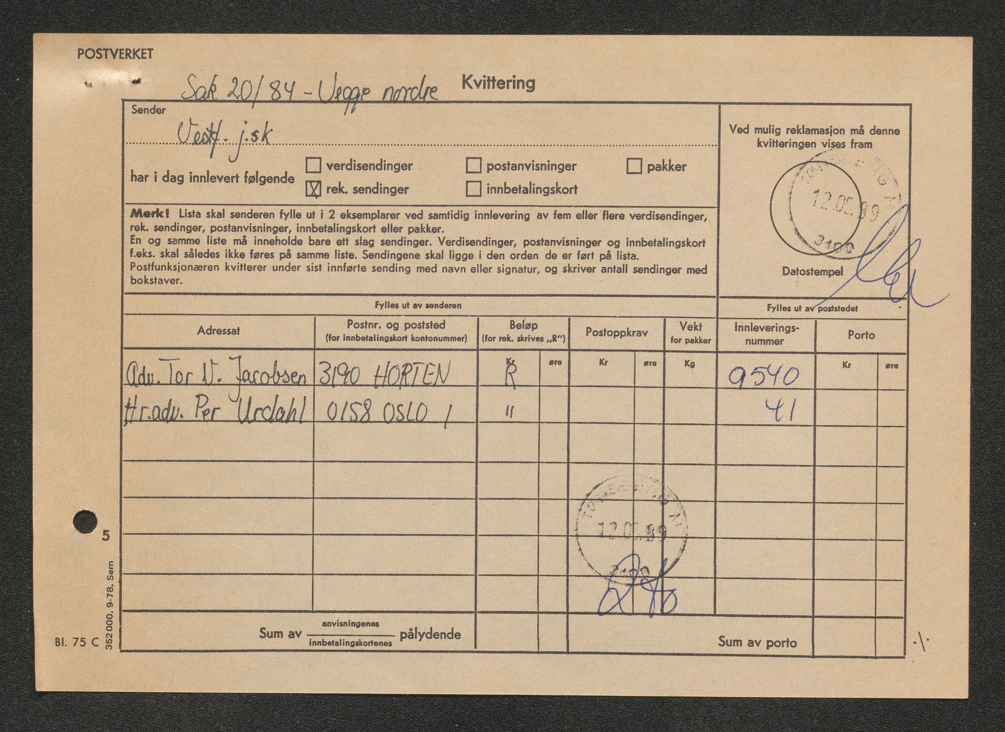 Vestfold jordskifterett, AV/SAKO-A-1152/G/Gb/L0021/0004: Horten, gnr. 72-108 / Gårdsnr. 108: Sak 0700-1984-0020, 1986-1989, p. 161