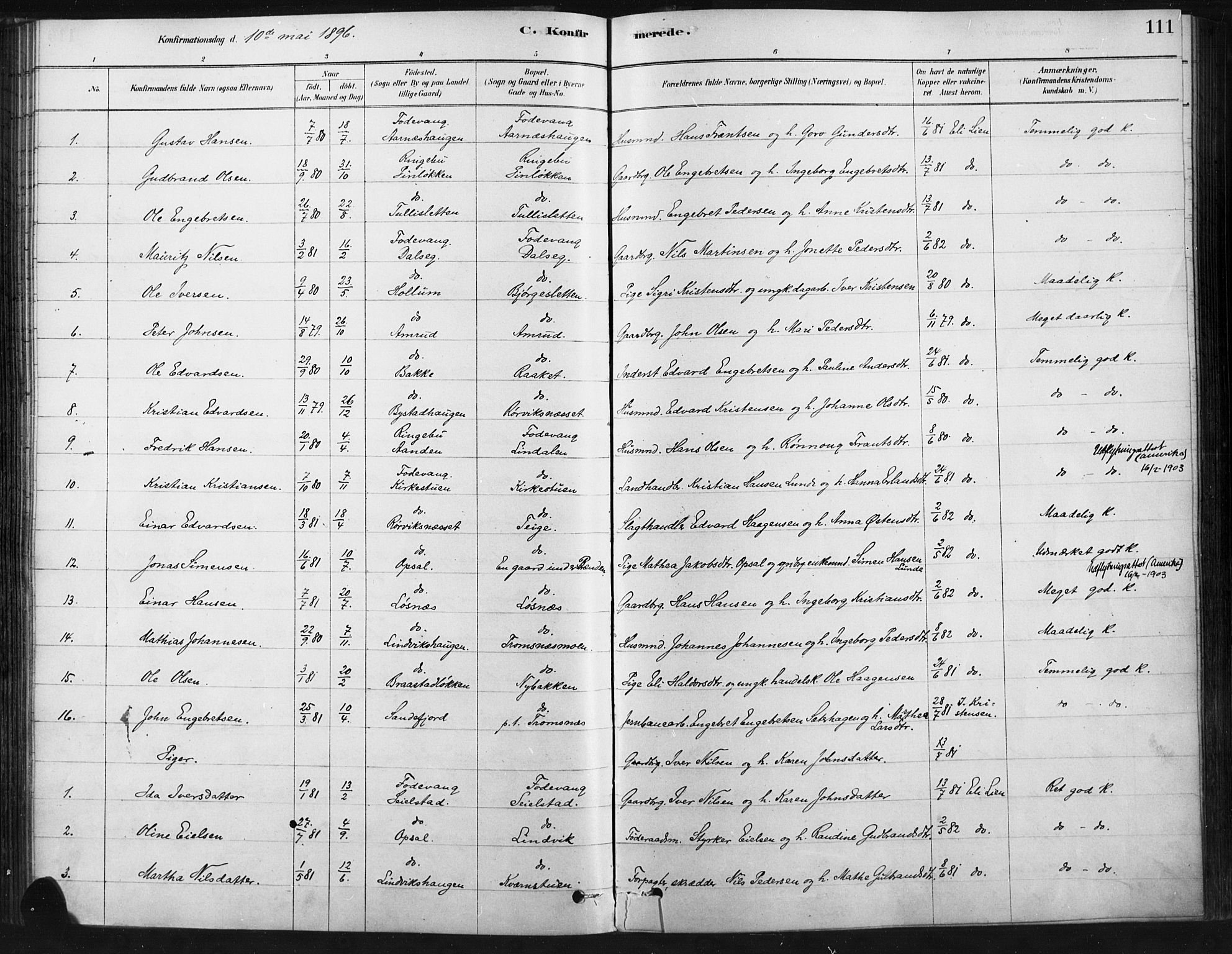 Ringebu prestekontor, SAH/PREST-082/H/Ha/Haa/L0009: Parish register (official) no. 9, 1878-1898, p. 111