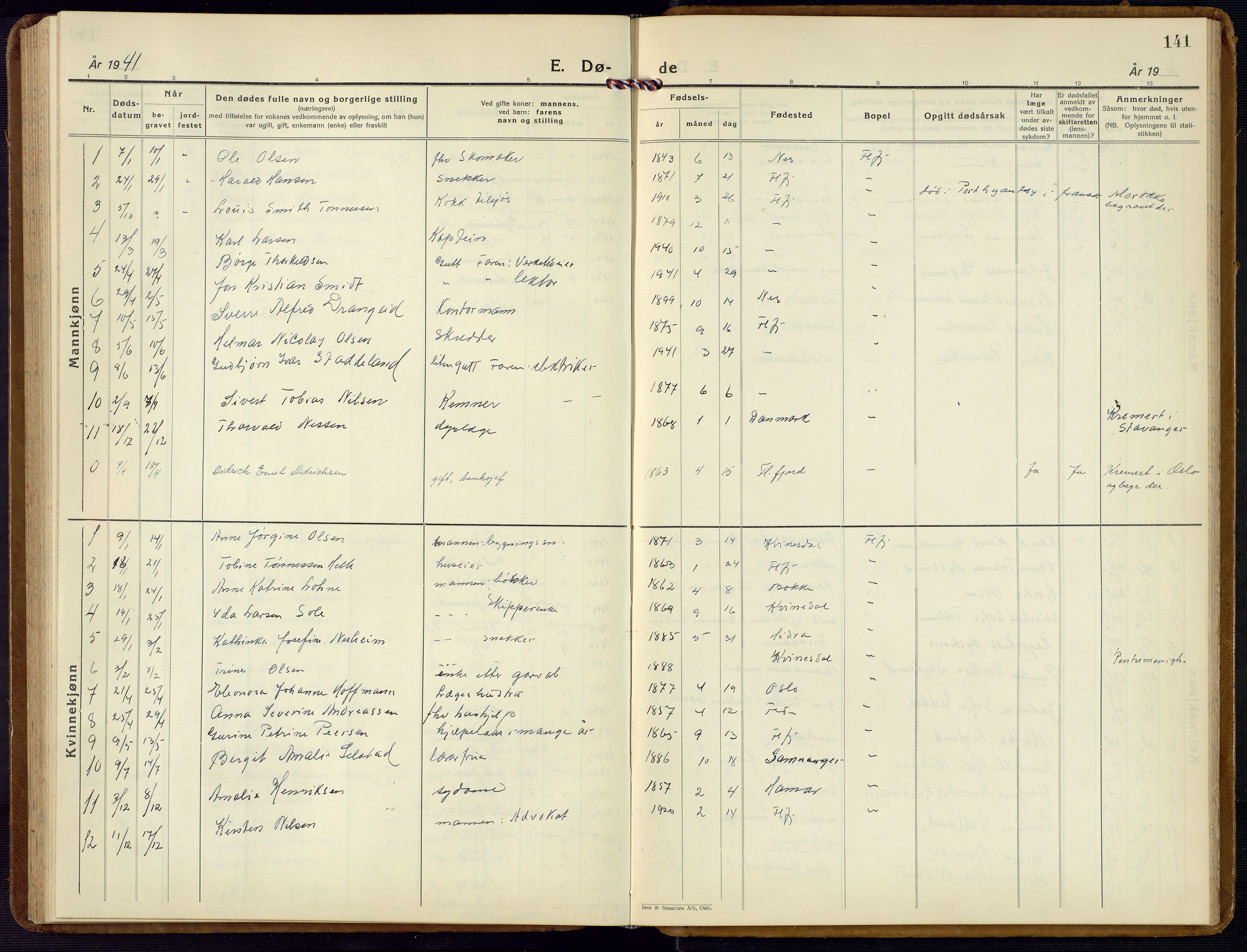 Flekkefjord sokneprestkontor, SAK/1111-0012/F/Fb/Fba/L0003: Parish register (copy) no. B 3, 1932-1969, p. 141