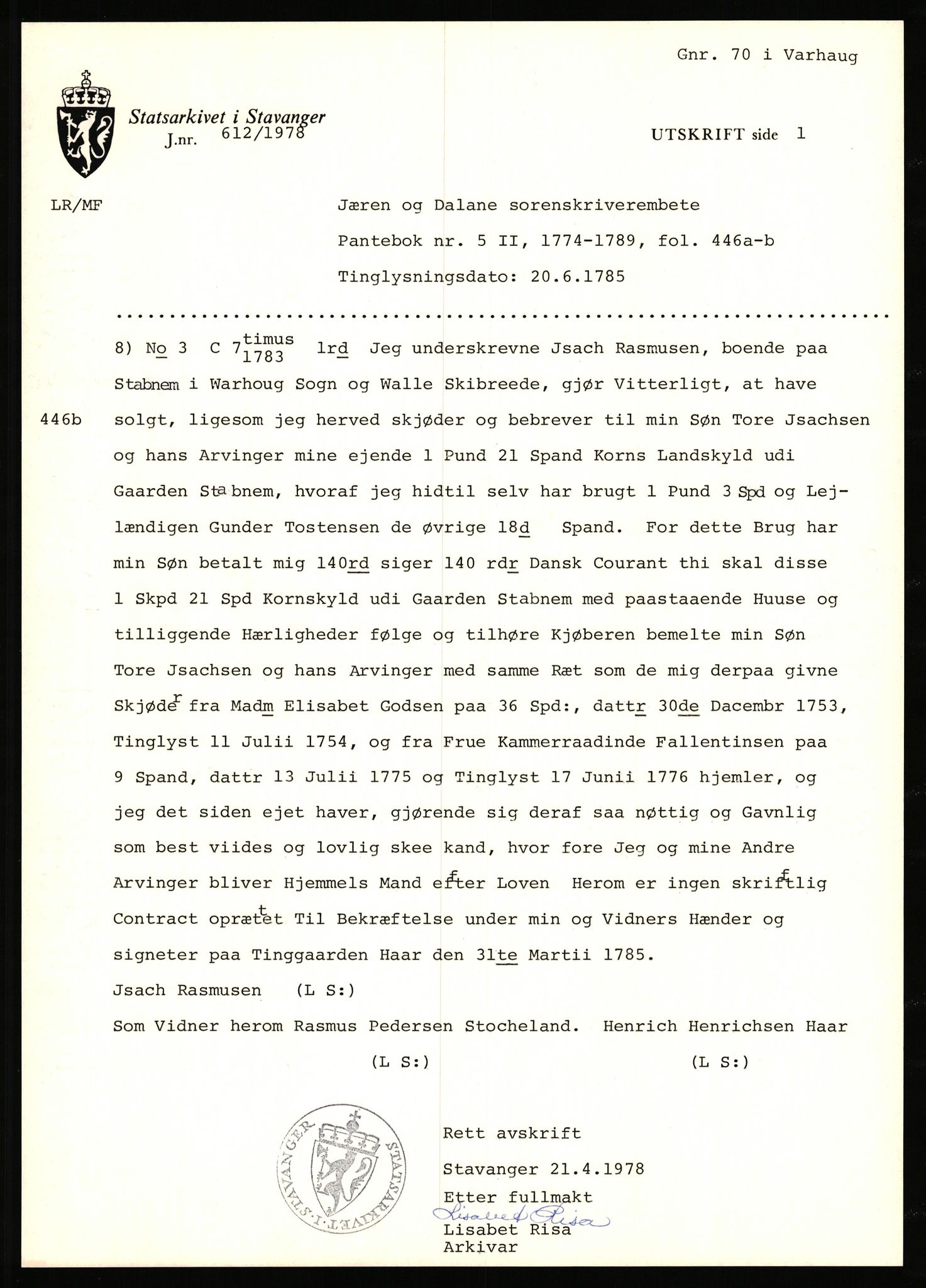 Statsarkivet i Stavanger, SAST/A-101971/03/Y/Yj/L0080: Avskrifter sortert etter gårdsnavn: Stave - Stokke, 1750-1930, p. 134