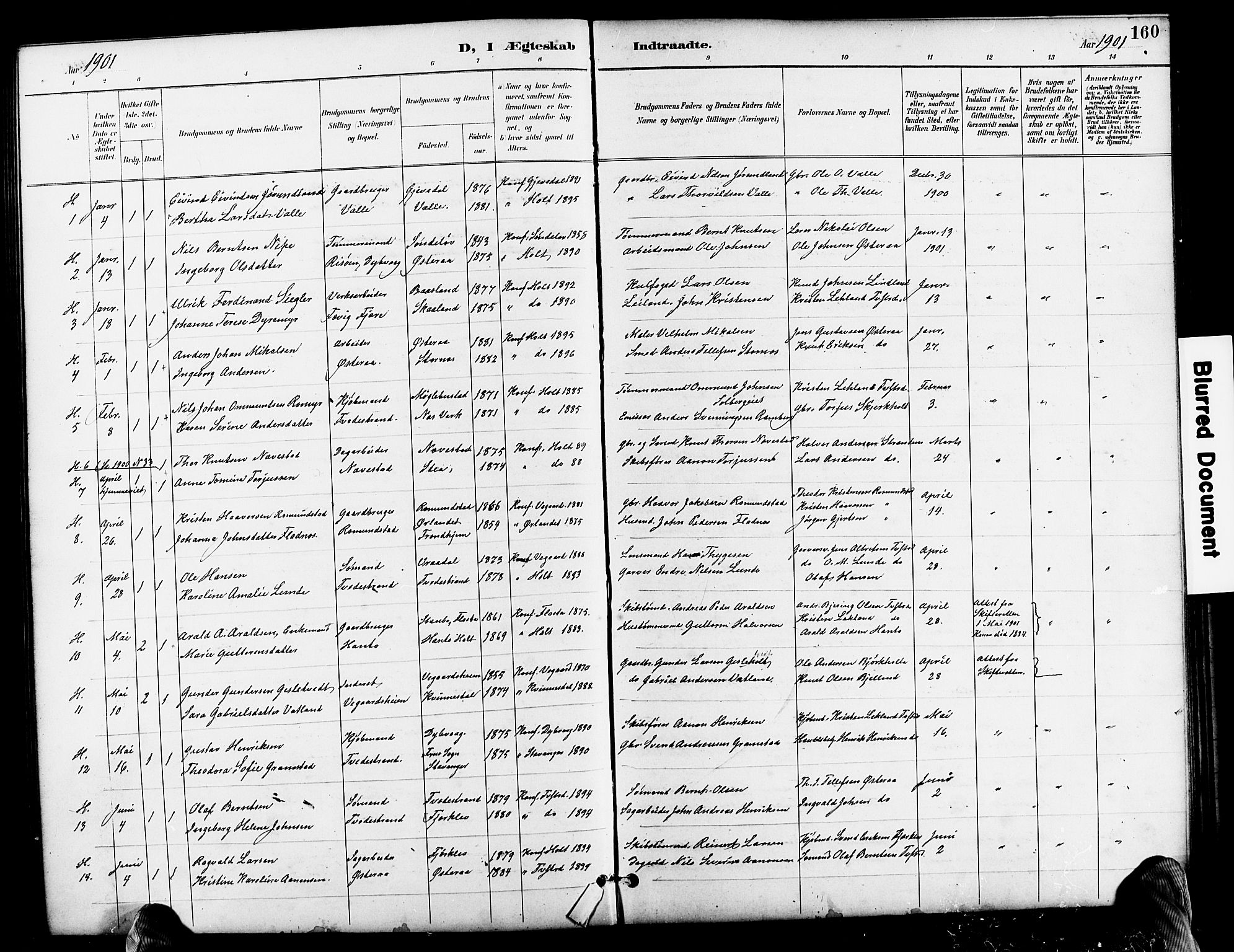Holt sokneprestkontor, SAK/1111-0021/F/Fb/L0011: Parish register (copy) no. B 11, 1897-1921, p. 160