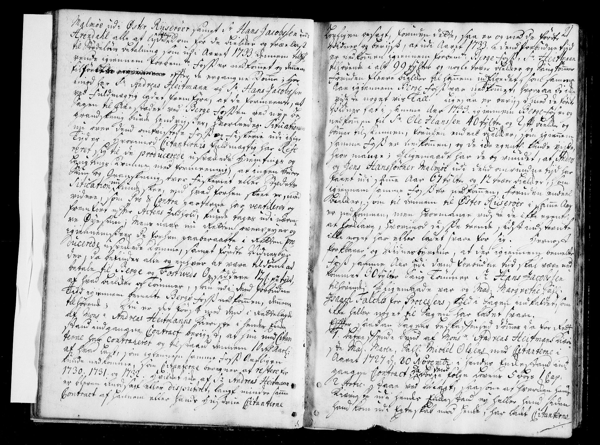 Arendal byfogd, AV/SAK-1222-0001/F/Fa/L0006: Justisprotokoll for Arendal og Risør, 1734-1736, p. 20b-21a