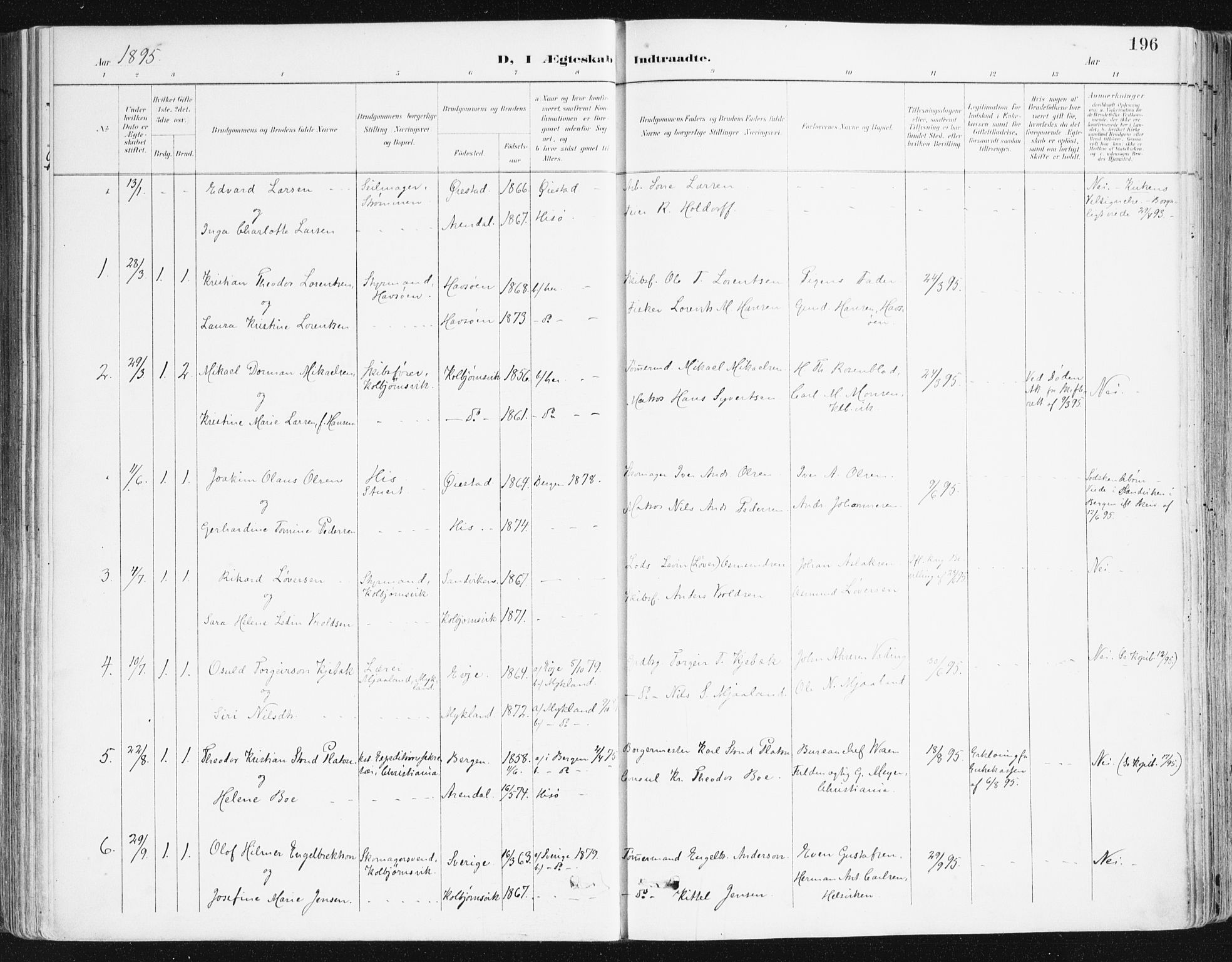 Hisøy sokneprestkontor, SAK/1111-0020/F/Fa/L0004: Parish register (official) no. A 4, 1895-1917, p. 196