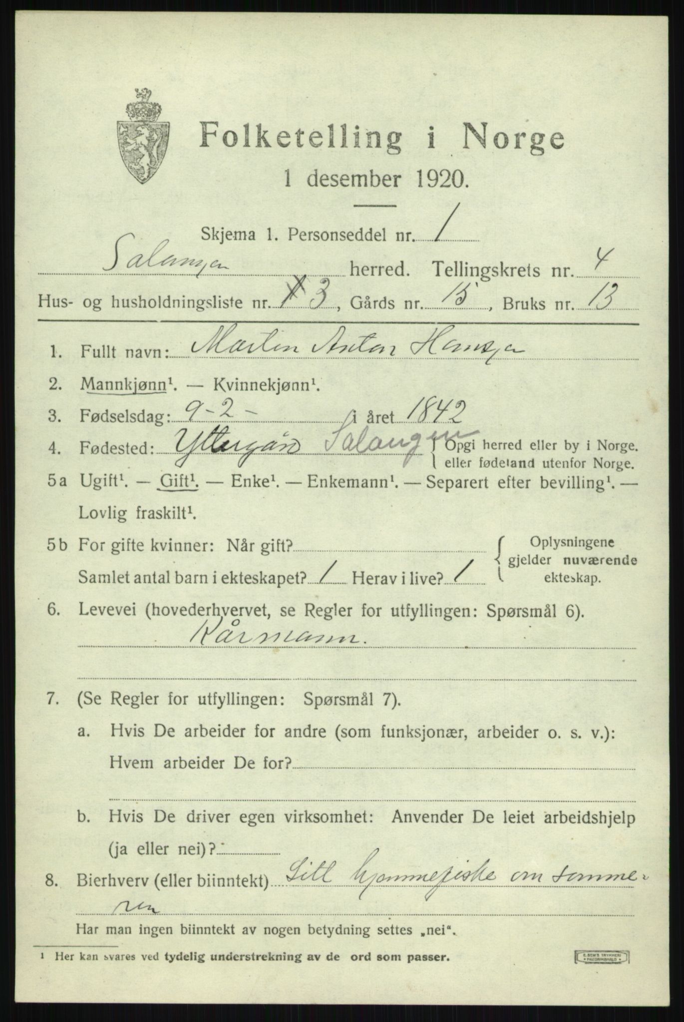 SATØ, 1920 census for Salangen, 1920, p. 2302