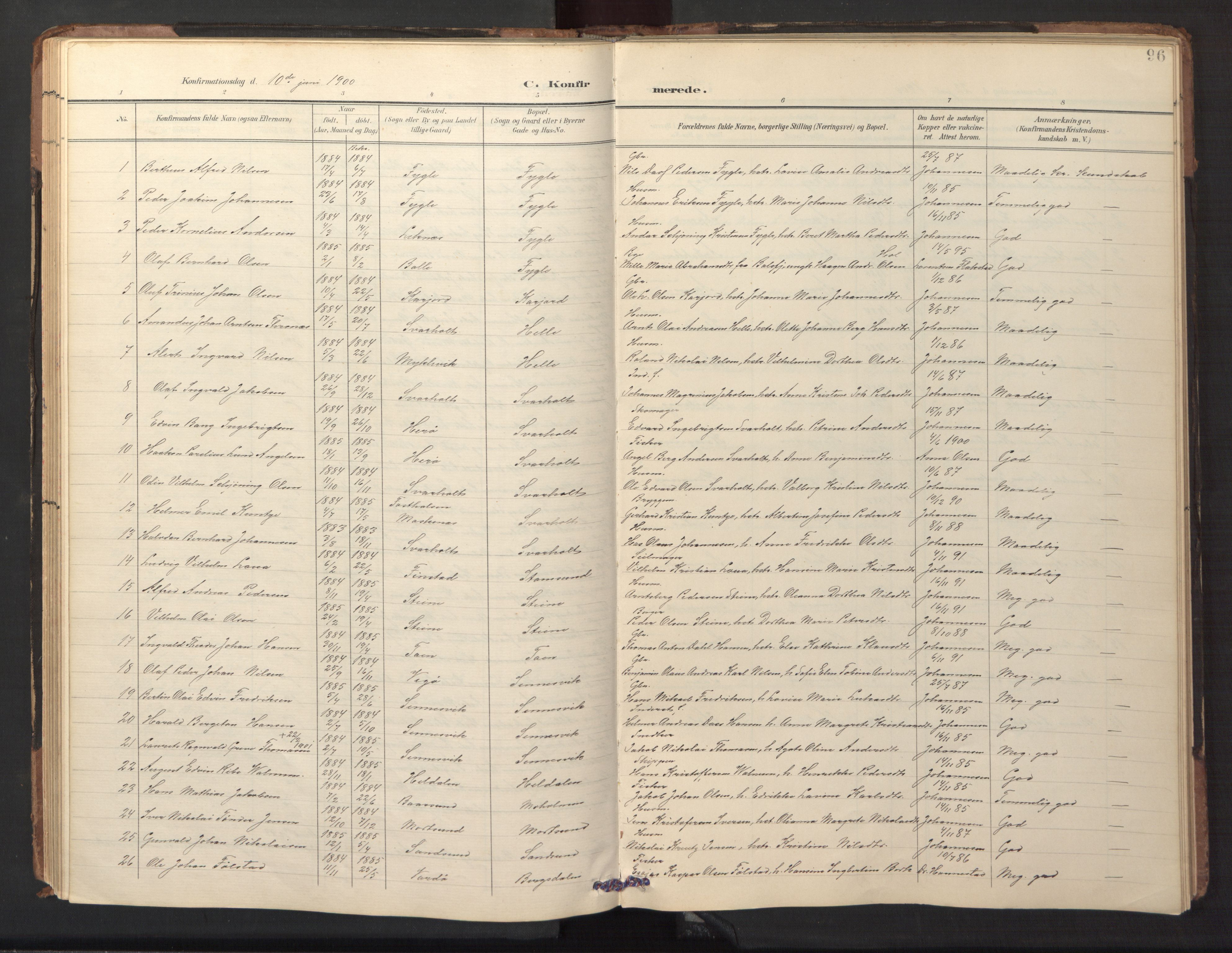 Ministerialprotokoller, klokkerbøker og fødselsregistre - Nordland, AV/SAT-A-1459/882/L1185: Parish register (copy) no. 882C03, 1898-1910, p. 96