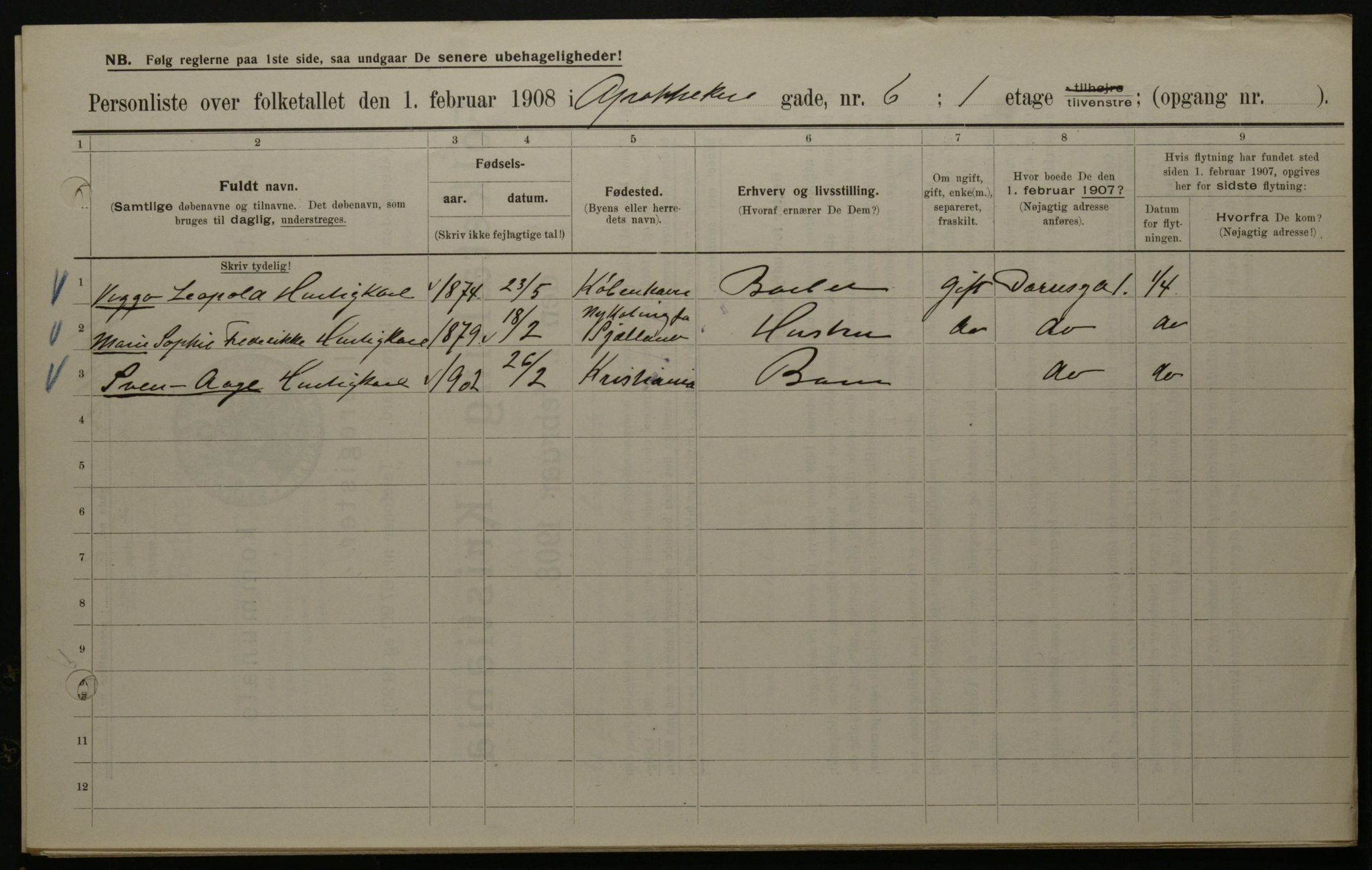 OBA, Municipal Census 1908 for Kristiania, 1908, p. 1595