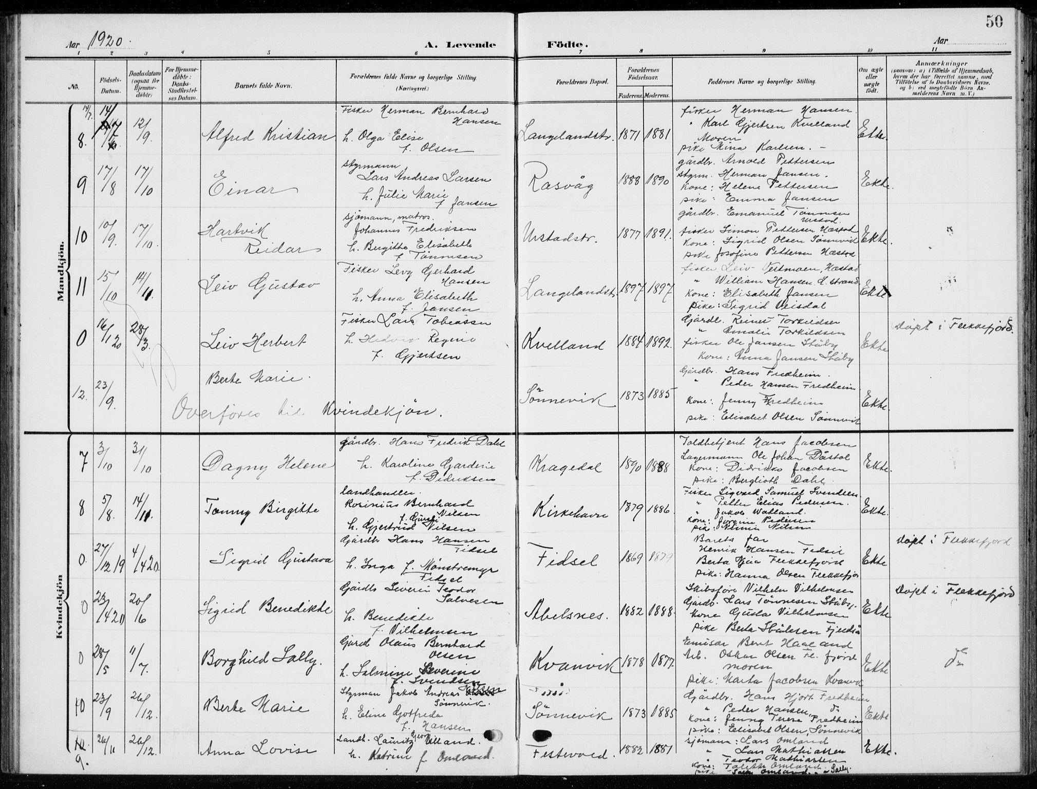 Flekkefjord sokneprestkontor, AV/SAK-1111-0012/F/Fb/Fbb/L0005: Parish register (copy) no. B 5, 1908-1927, p. 50