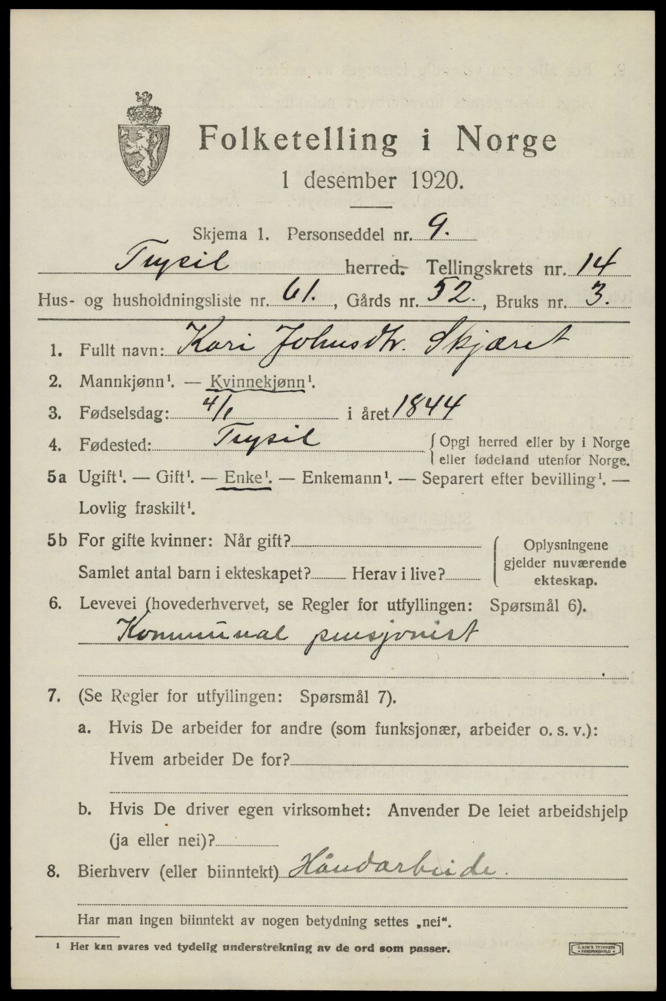 SAH, 1920 census for Trysil, 1920, p. 8675