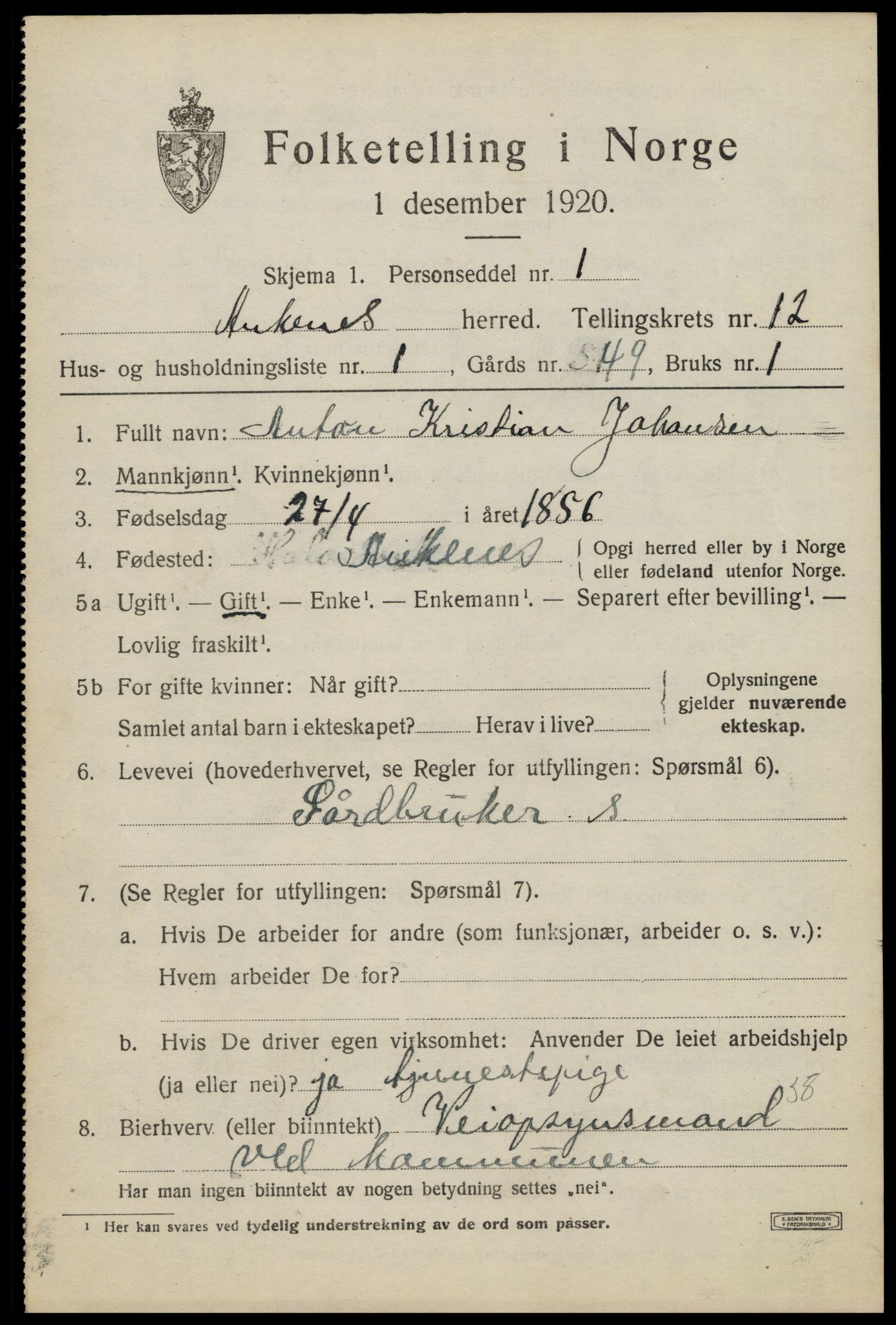 SAT, 1920 census for Ankenes, 1920, p. 6367