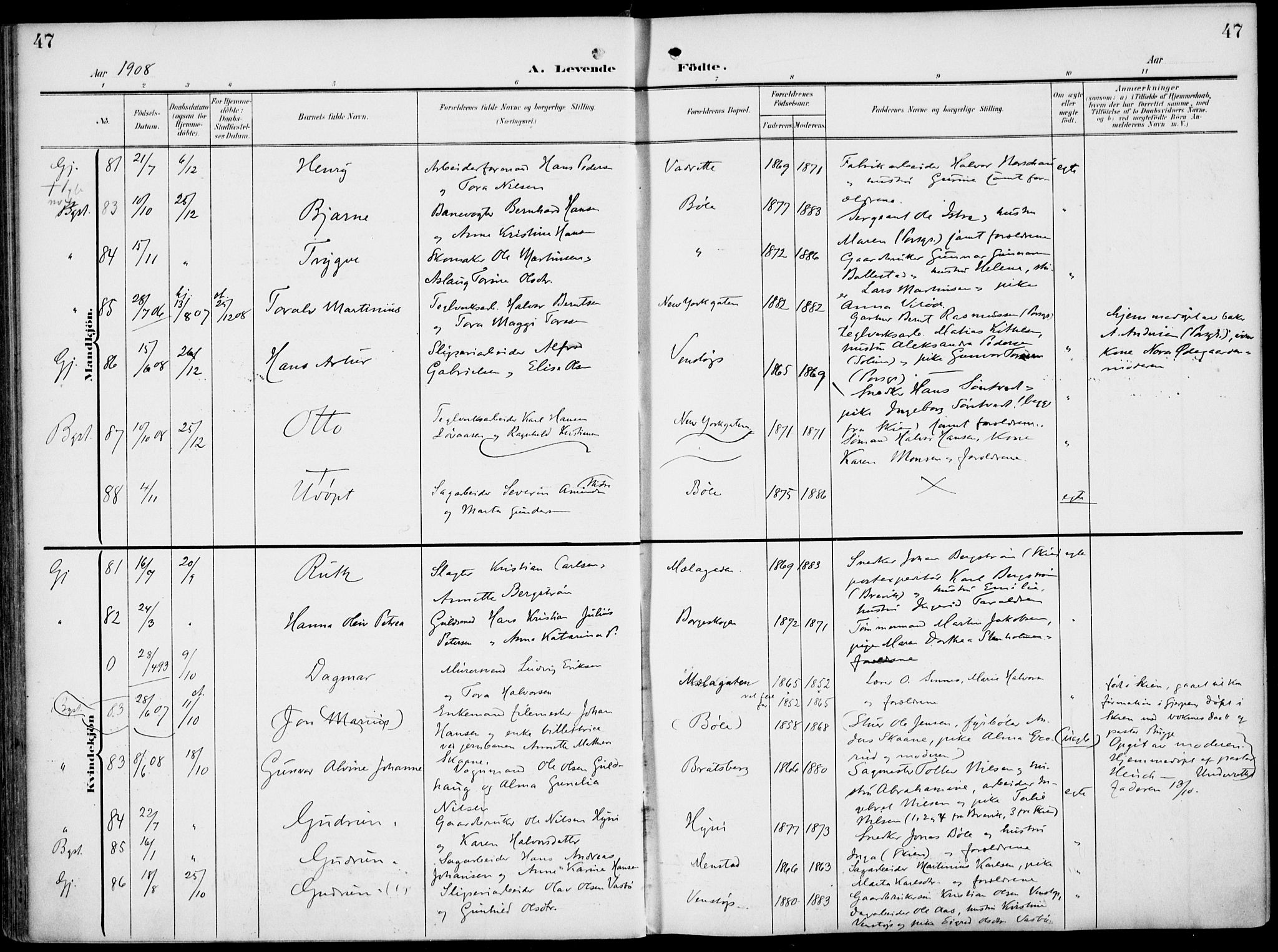 Gjerpen kirkebøker, SAKO/A-265/F/Fa/L0012: Parish register (official) no. I 12, 1905-1913, p. 47