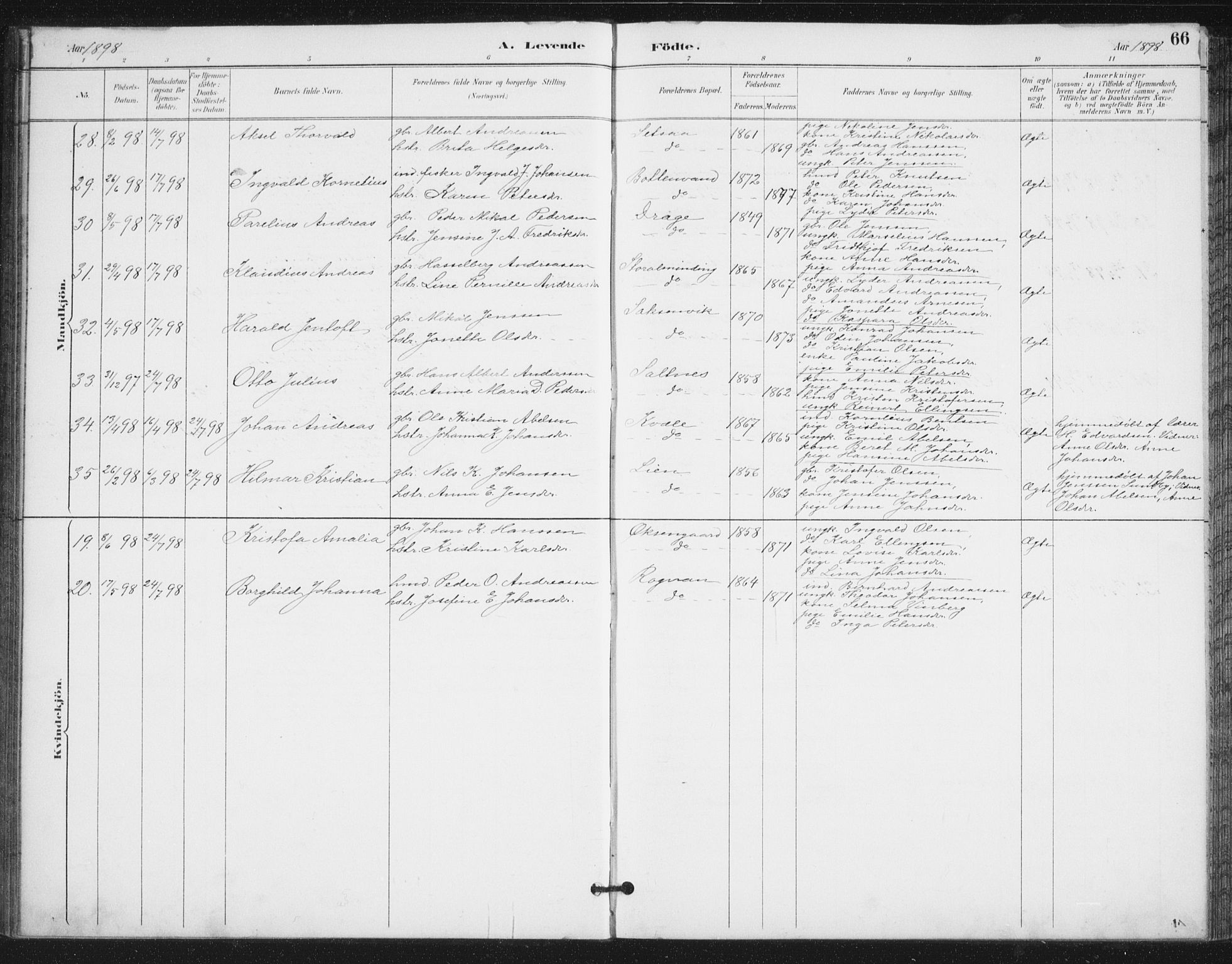 Ministerialprotokoller, klokkerbøker og fødselsregistre - Nordland, AV/SAT-A-1459/847/L0682: Parish register (copy) no. 847C10, 1889-1907, p. 66