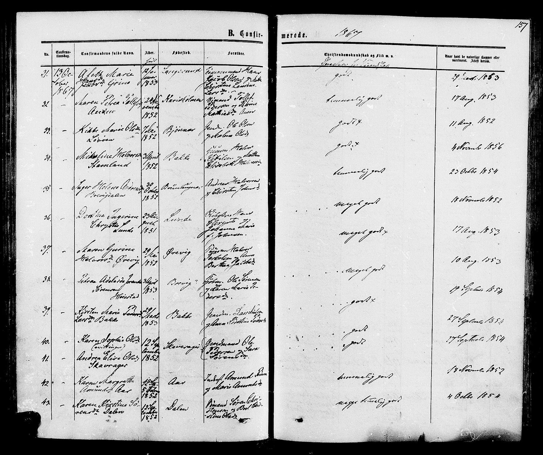 Eidanger kirkebøker, AV/SAKO-A-261/F/Fa/L0010: Parish register (official) no. 10, 1859-1874, p. 157