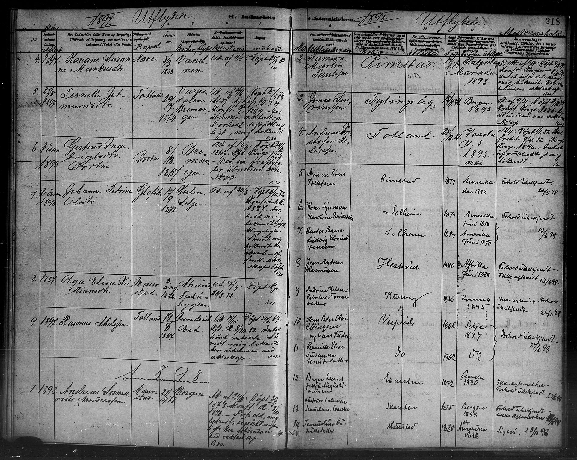 Davik sokneprestembete, AV/SAB-A-79701/H/Haa/Haad/L0001: Parish register (official) no. D 1, 1882-1900, p. 218