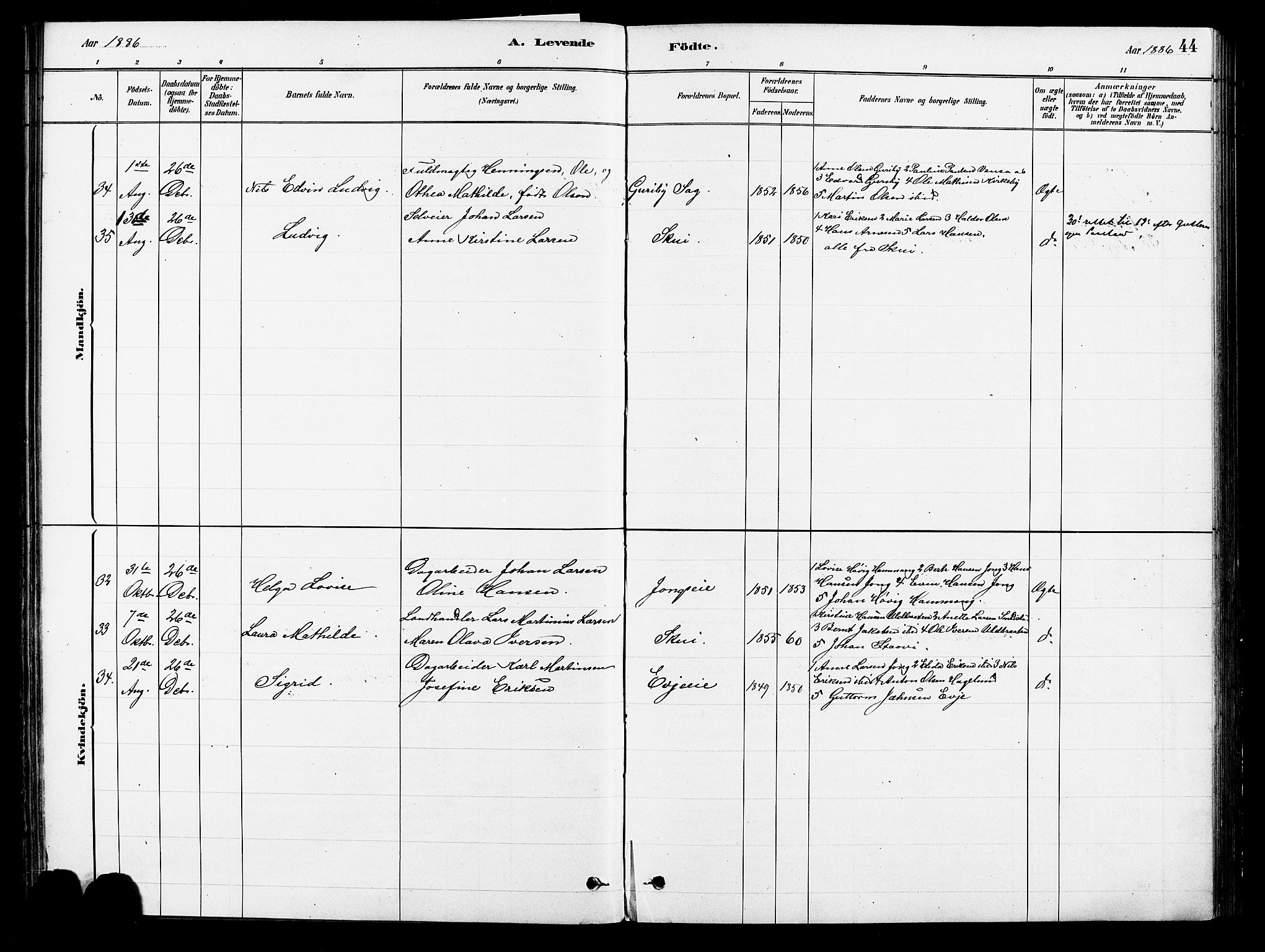 Asker prestekontor Kirkebøker, AV/SAO-A-10256a/F/Fb/L0001: Parish register (official) no. II 1, 1879-1895, p. 44