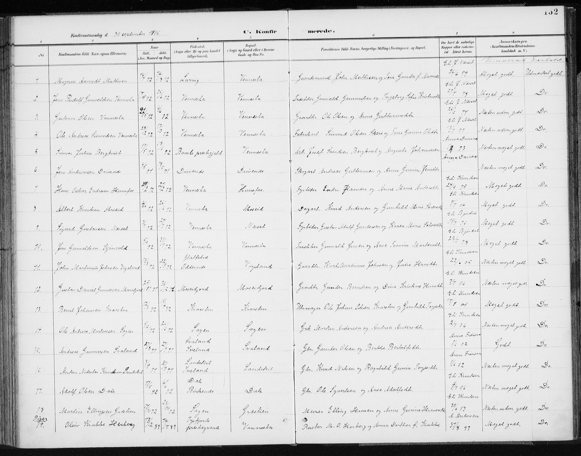 Vennesla sokneprestkontor, SAK/1111-0045/Fa/Fab/L0005: Parish register (official) no. A 5, 1897-1909, p. 152