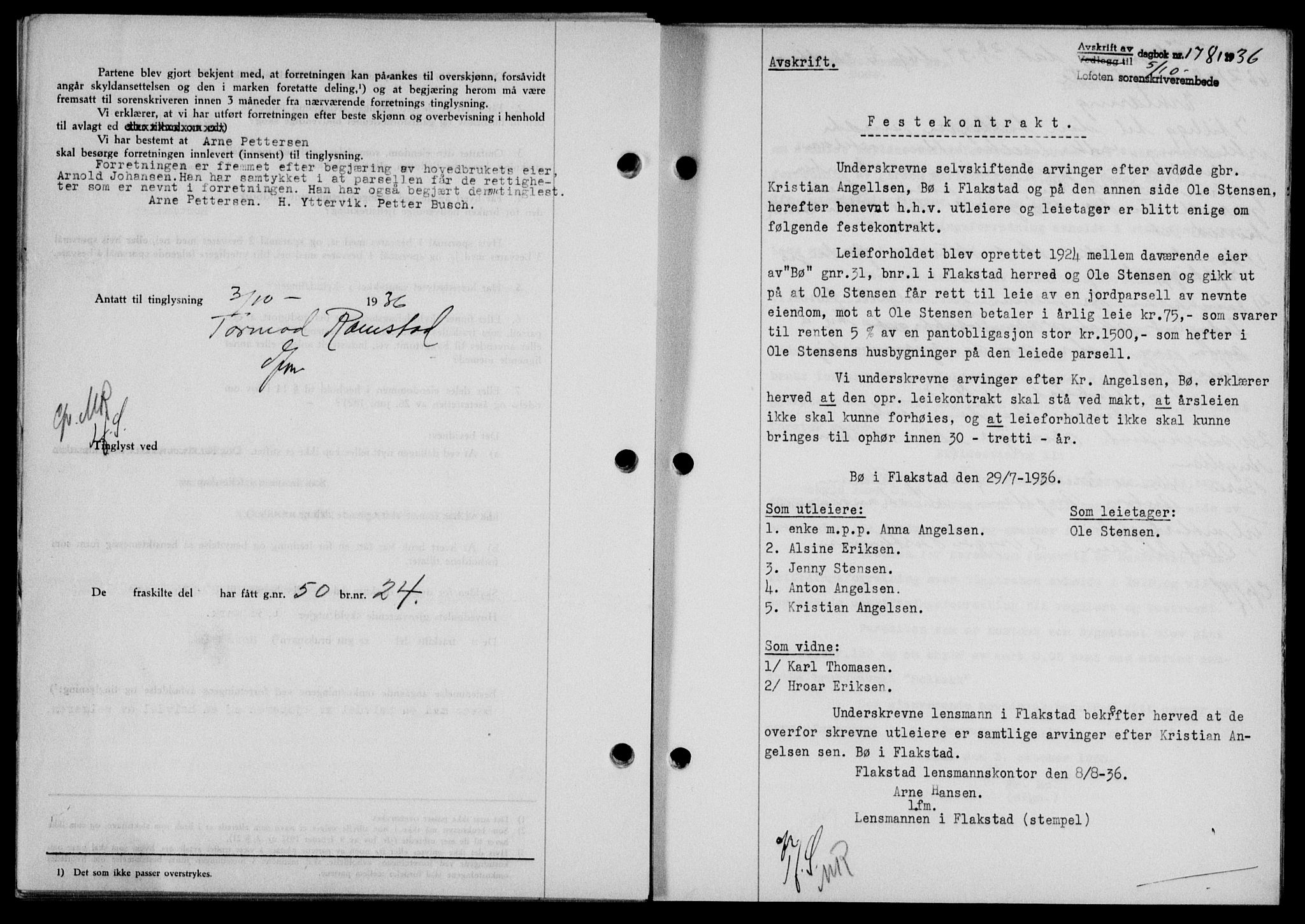 Lofoten sorenskriveri, SAT/A-0017/1/2/2C/L0001a: Mortgage book no. 1a, 1936-1937, Diary no: : 1781/1936