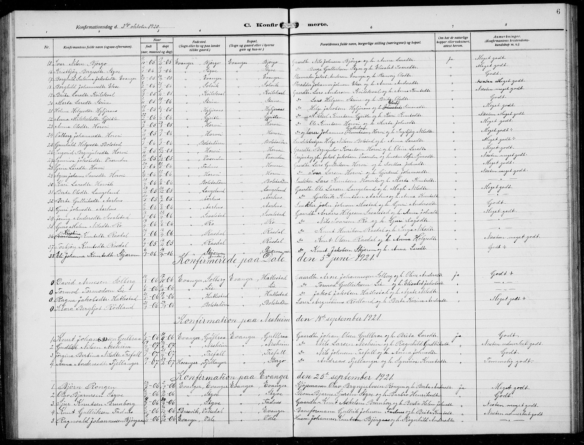 Evanger sokneprestembete, SAB/A-99924: Parish register (copy) no. A 6, 1918-1941, p. 6