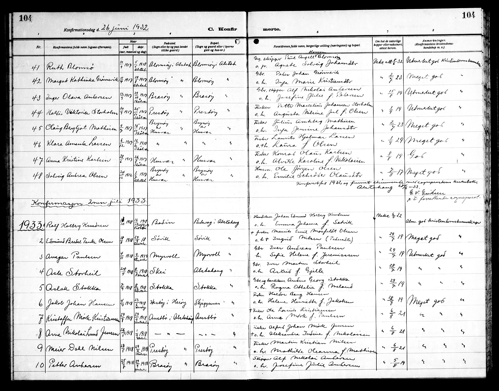 Ministerialprotokoller, klokkerbøker og fødselsregistre - Nordland, AV/SAT-A-1459/830/L0466: Parish register (copy) no. 830C08, 1920-1945, p. 104