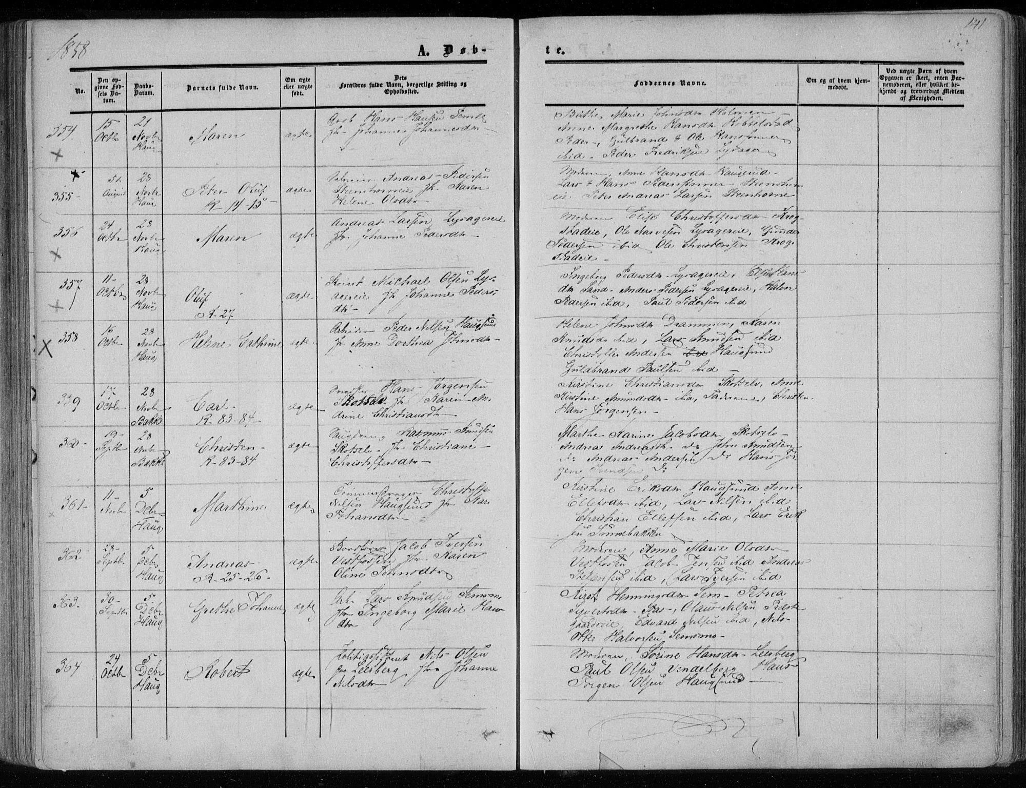 Eiker kirkebøker, AV/SAKO-A-4/F/Fa/L0015a: Parish register (official) no. I 15A, 1854-1860, p. 141