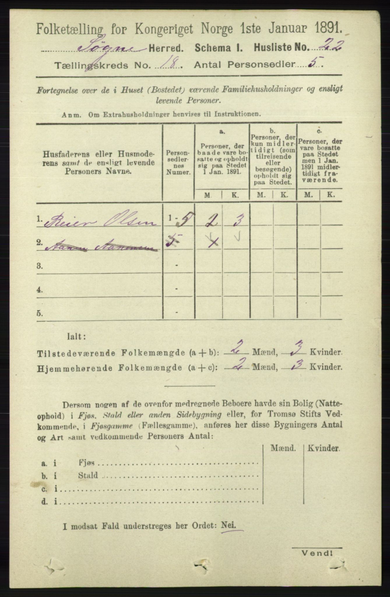 RA, 1891 census for 1018 Søgne, 1891, p. 4724