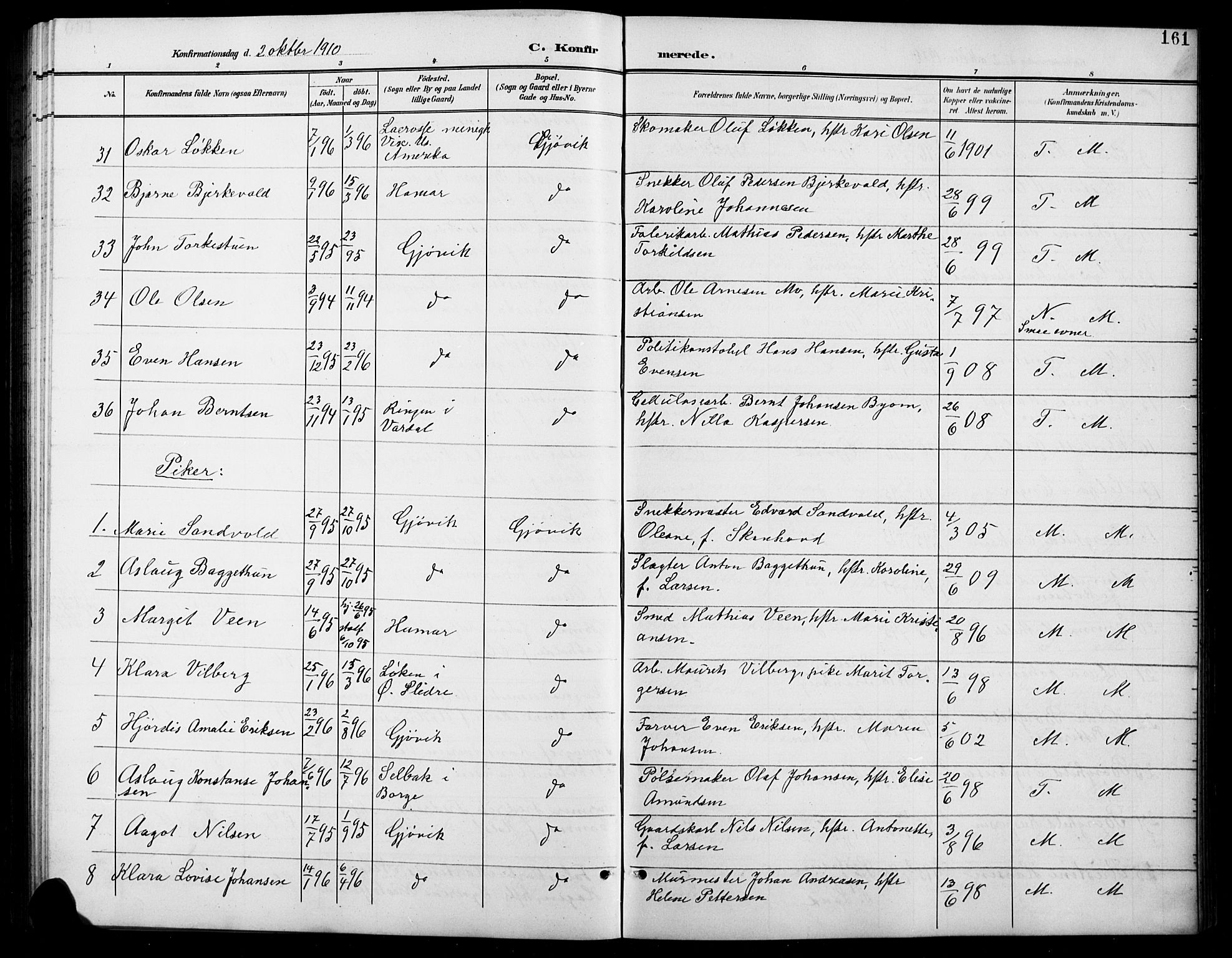 Vardal prestekontor, AV/SAH-PREST-100/H/Ha/Hab/L0012: Parish register (copy) no. 12, 1902-1911, p. 161