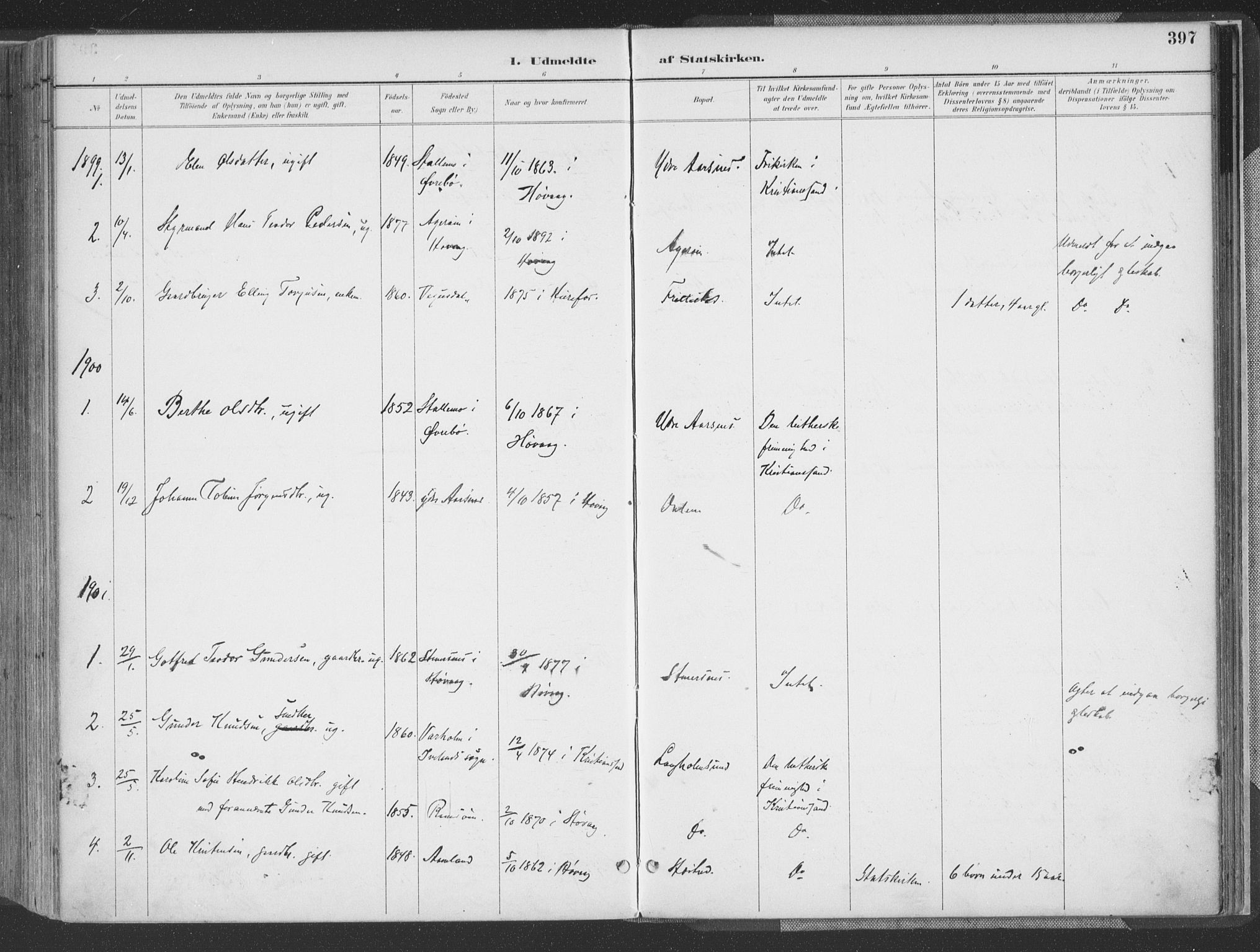 Høvåg sokneprestkontor, AV/SAK-1111-0025/F/Fa/L0006: Parish register (official) no. A 6, 1894-1923, p. 397