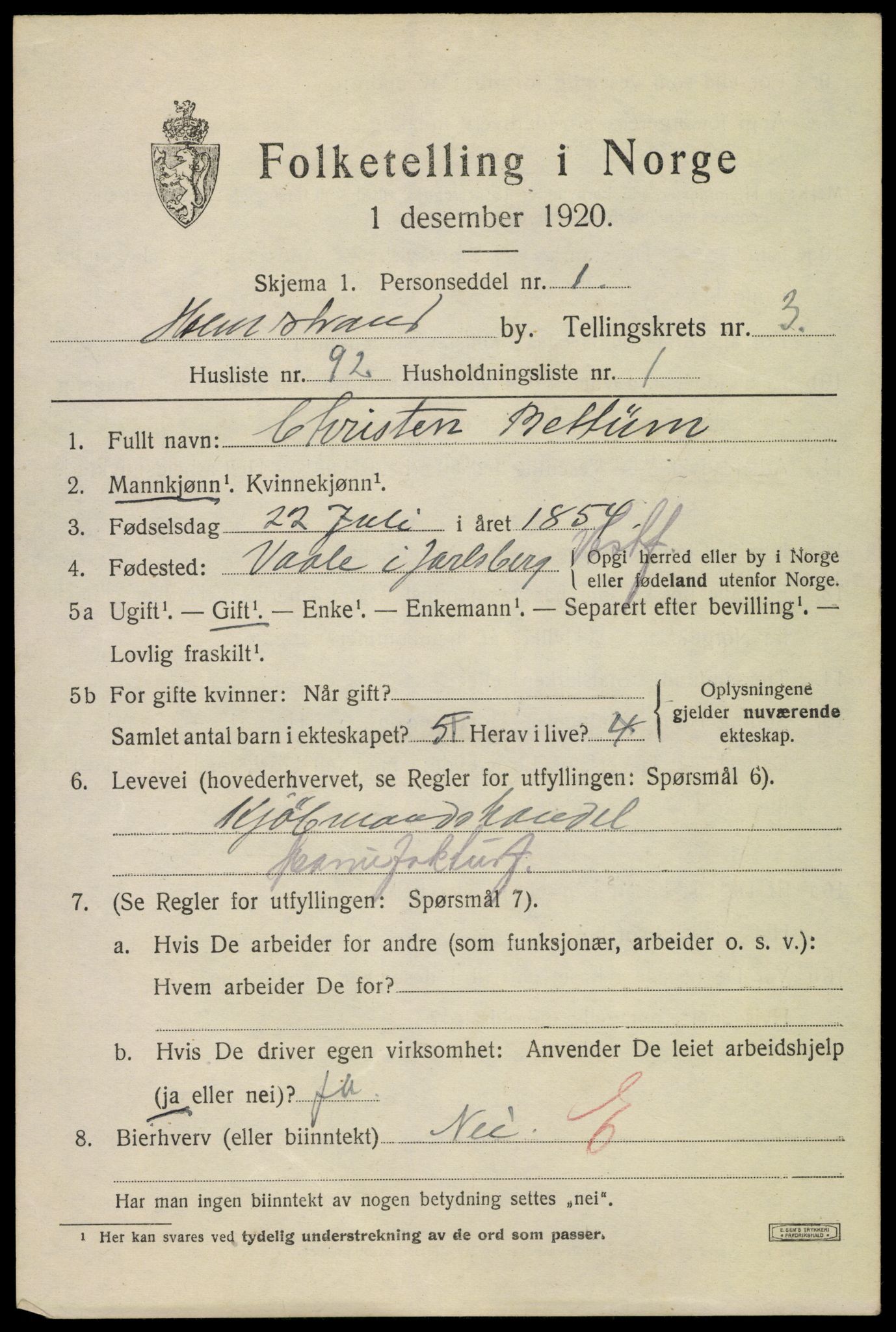 SAKO, 1920 census for Holmestrand, 1920, p. 3982