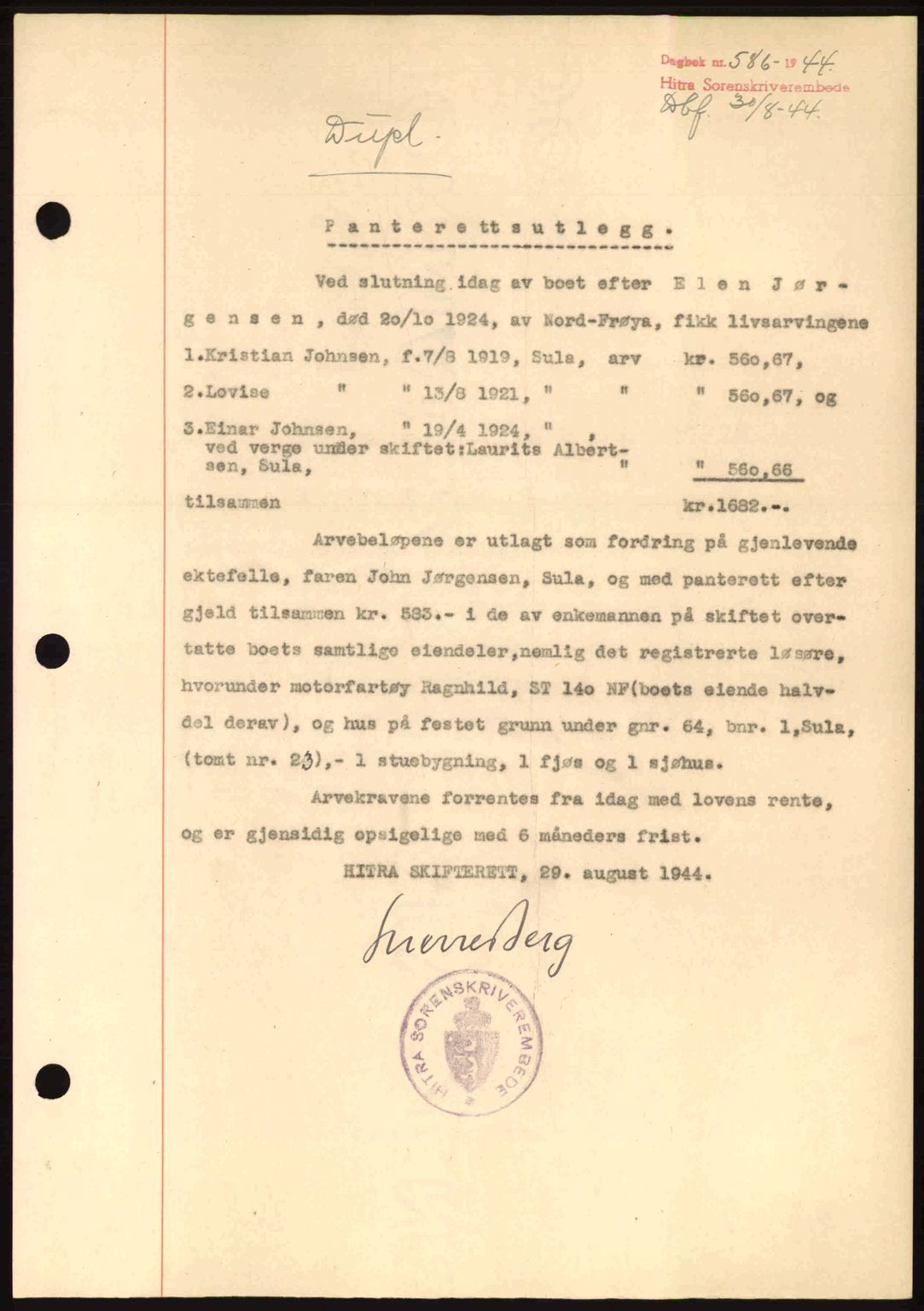 Hitra sorenskriveri, AV/SAT-A-0018/2/2C/2Ca: Mortgage book no. B1, 1939-1949, Diary no: : 586/1944