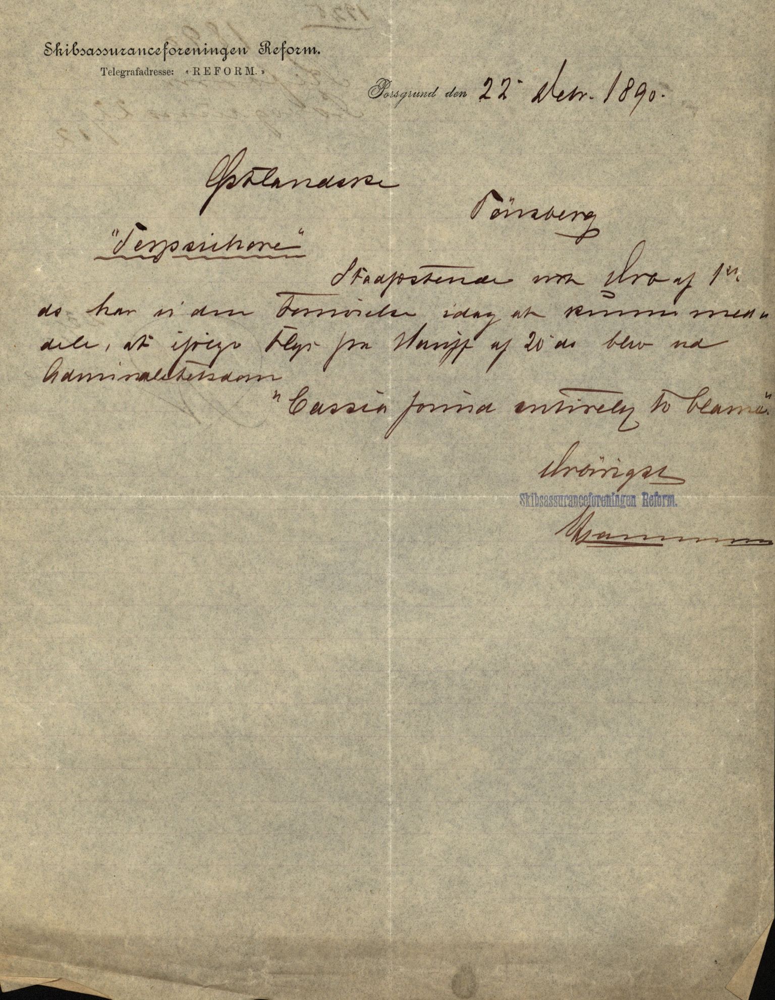 Pa 63 - Østlandske skibsassuranceforening, VEMU/A-1079/G/Ga/L0025/0007: Havaridokumenter / Terpsichore, Terra, Nova, 1890, p. 5