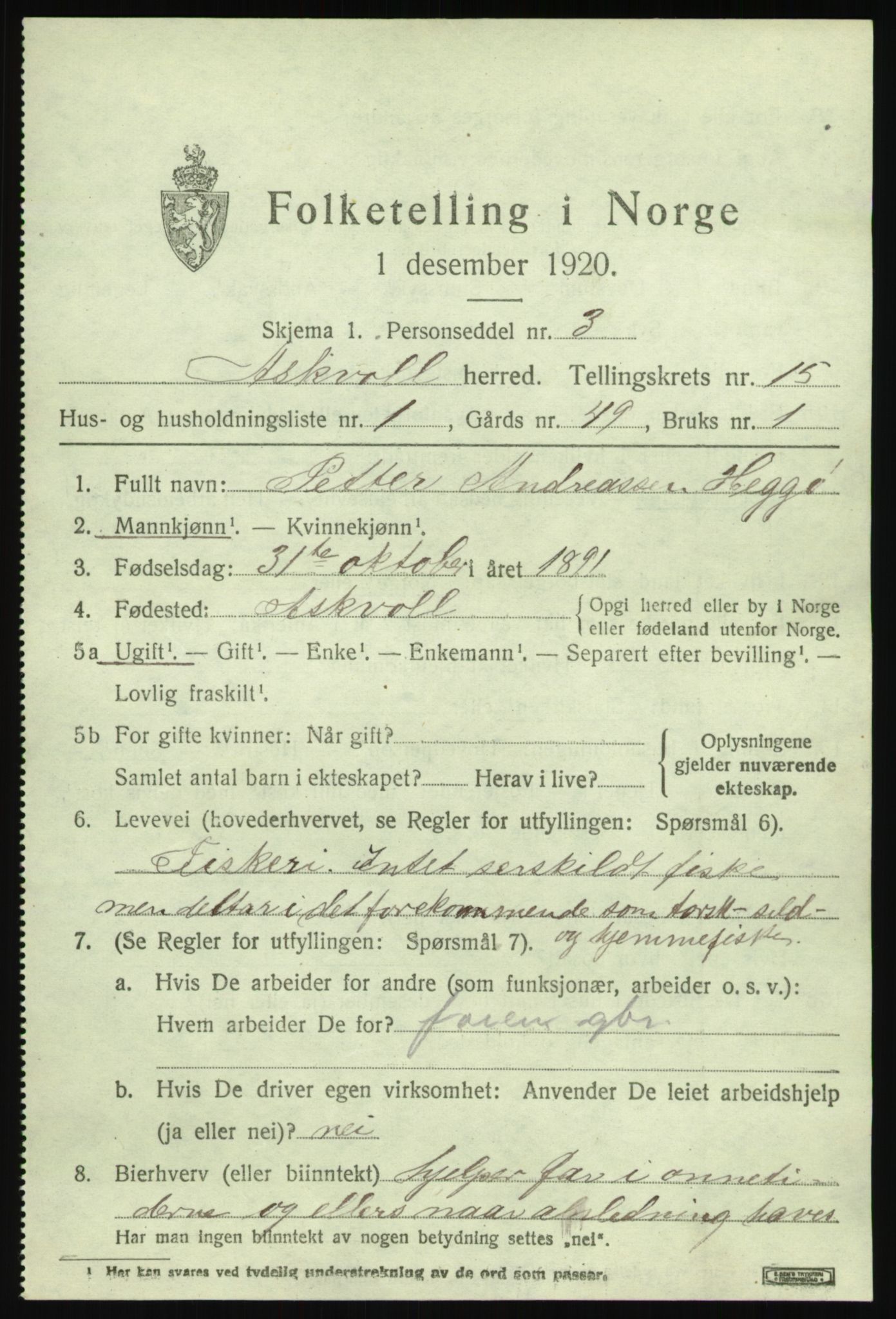 SAB, 1920 census for Askvoll, 1920, p. 5524