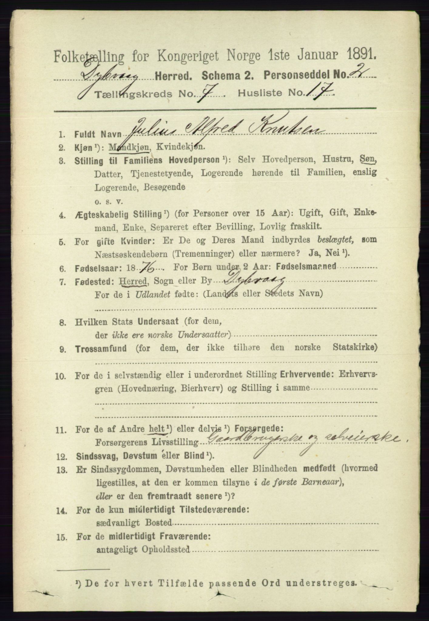 RA, 1891 census for 0915 Dypvåg, 1891, p. 2489