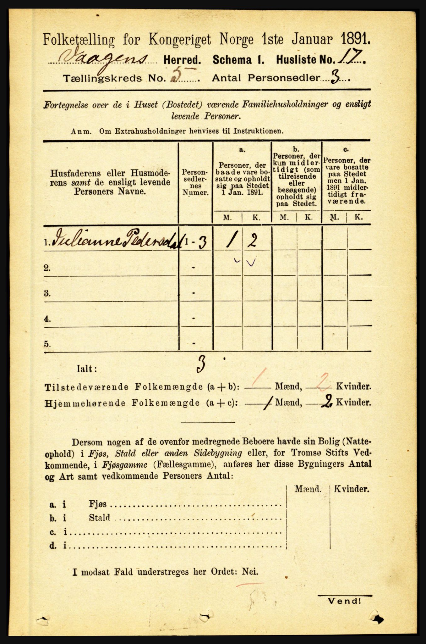 RA, 1891 census for 1865 Vågan, 1891, p. 1566