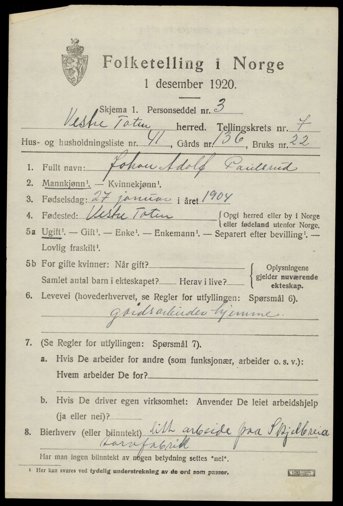 SAH, 1920 census for Vestre Toten, 1920, p. 9676