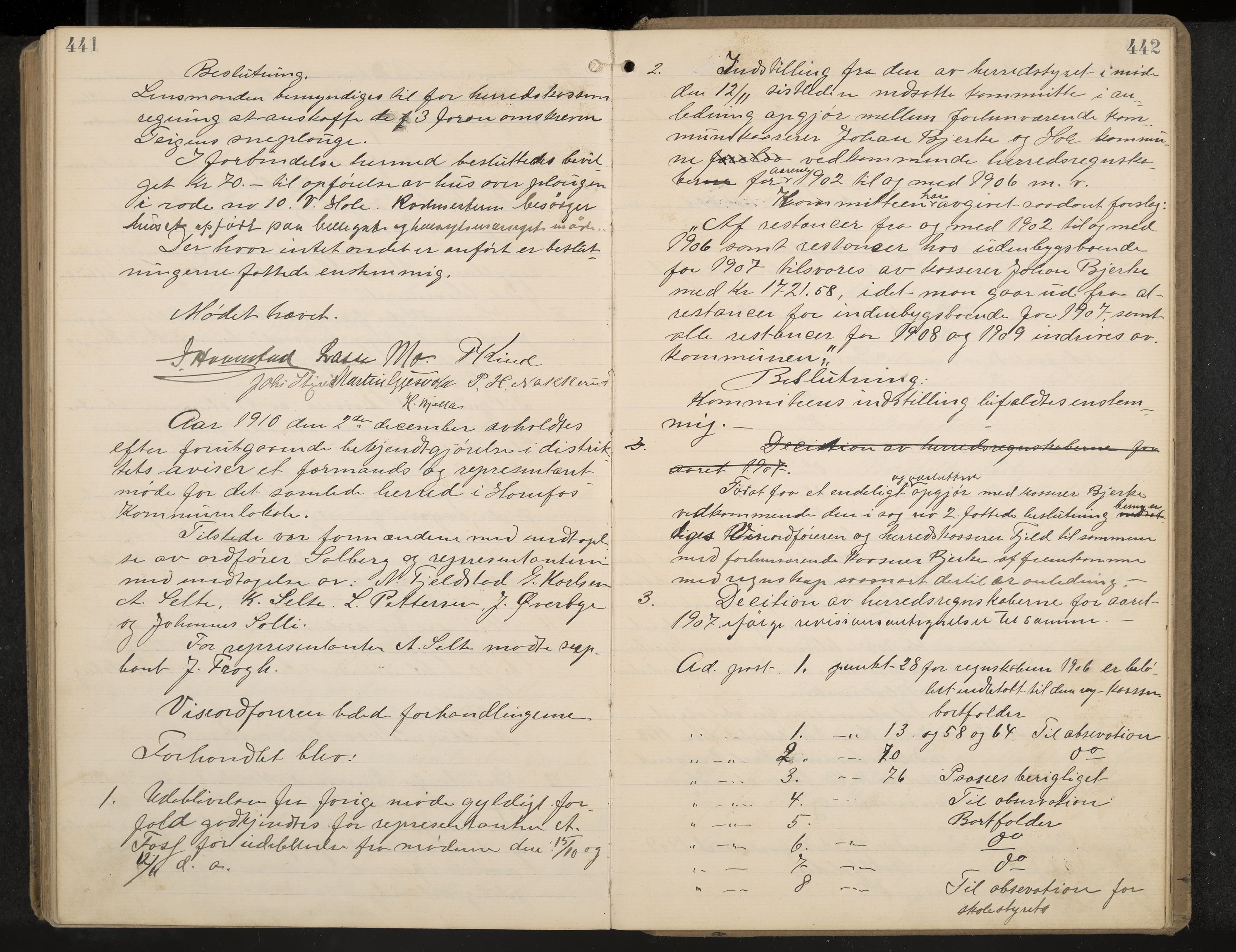 Hole formannskap og sentraladministrasjon, IKAK/0612021-1/A/Aa/L0004: Møtebok med register, 1902-1910, p. 441-442