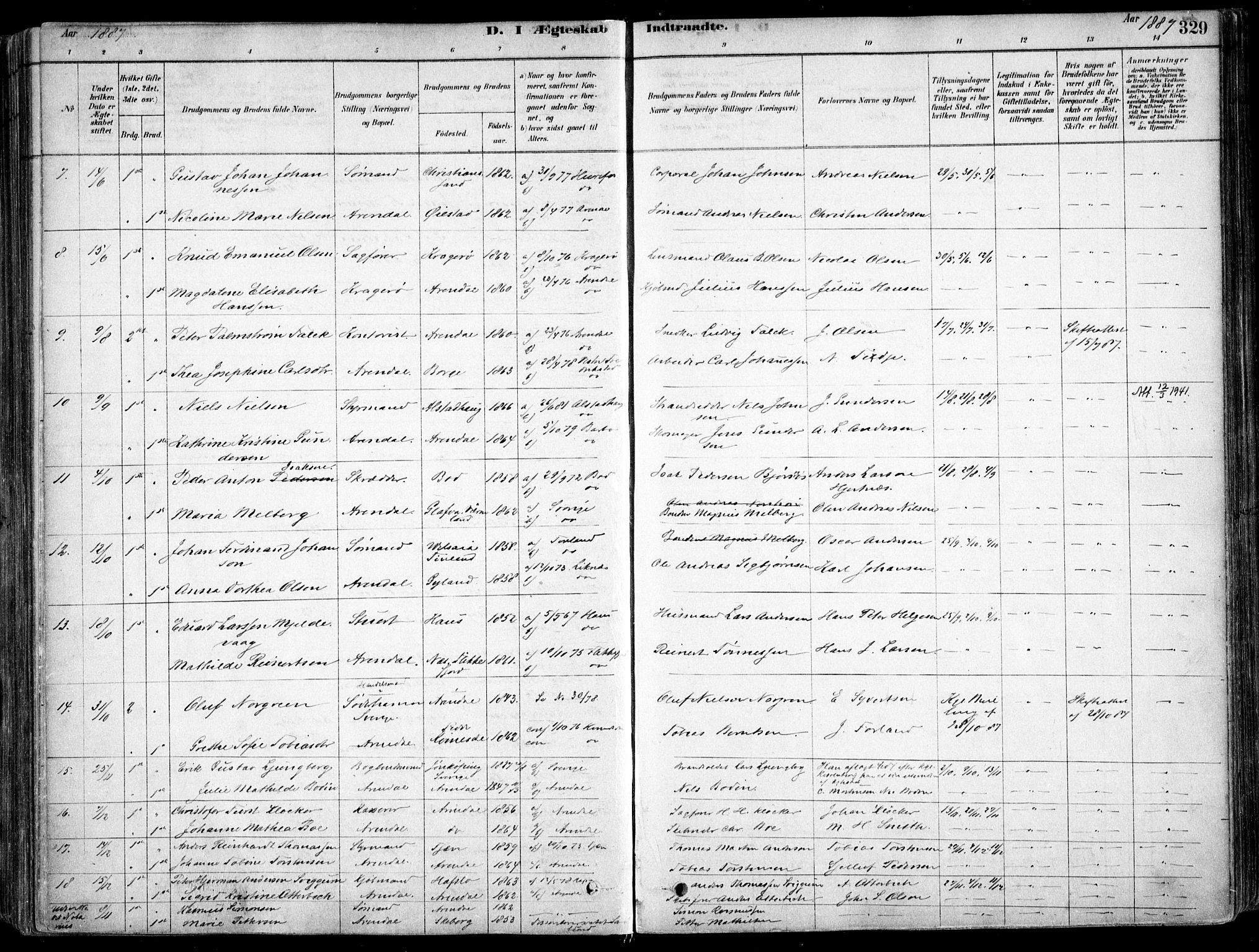 Arendal sokneprestkontor, Trefoldighet, AV/SAK-1111-0040/F/Fa/L0008: Parish register (official) no. A 8, 1878-1899, p. 329