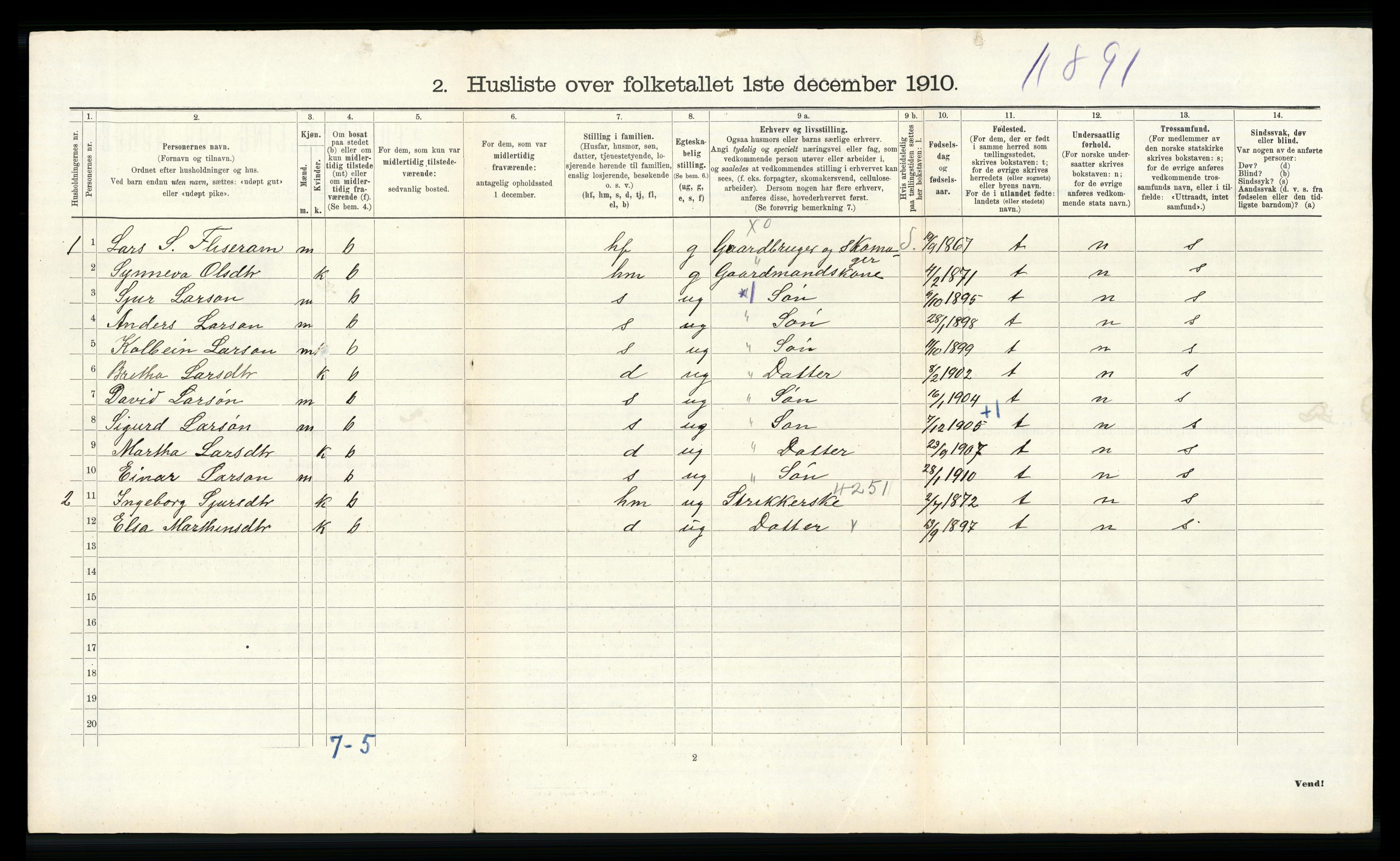 RA, 1910 census for Vossestrand, 1910, p. 202