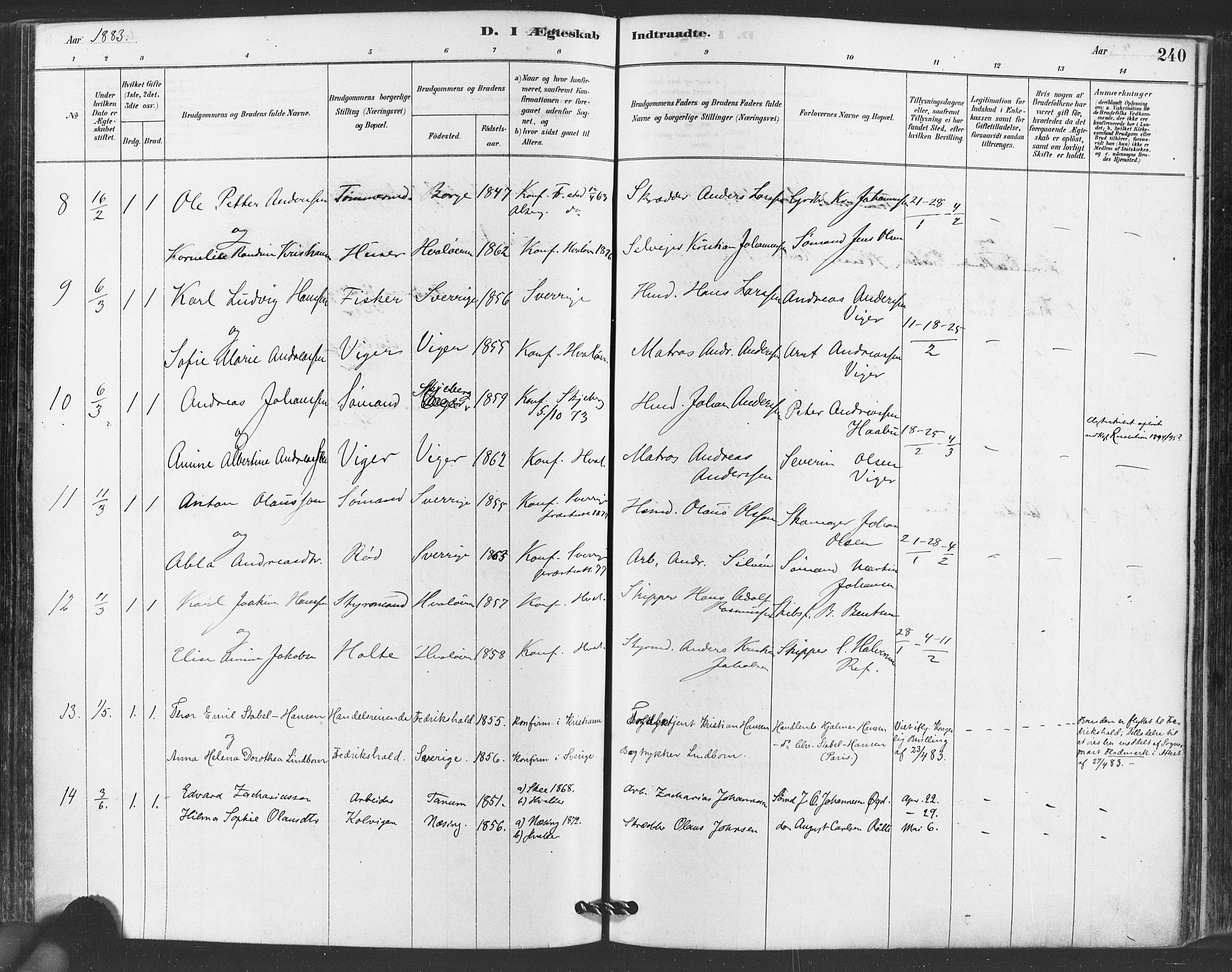 Hvaler prestekontor Kirkebøker, AV/SAO-A-2001/F/Fa/L0008: Parish register (official) no. I 8, 1878-1895, p. 240