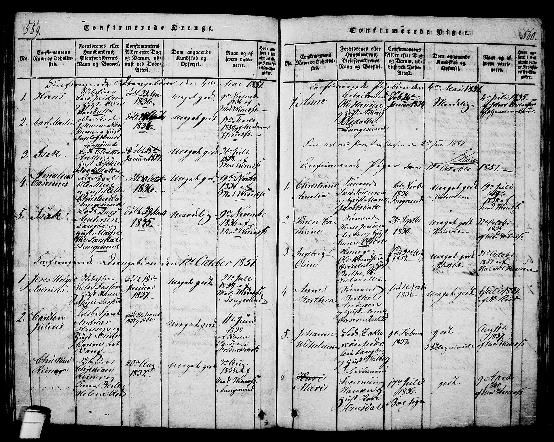 Langesund kirkebøker, SAKO/A-280/G/Ga/L0003: Parish register (copy) no. 3, 1815-1858, p. 559-560