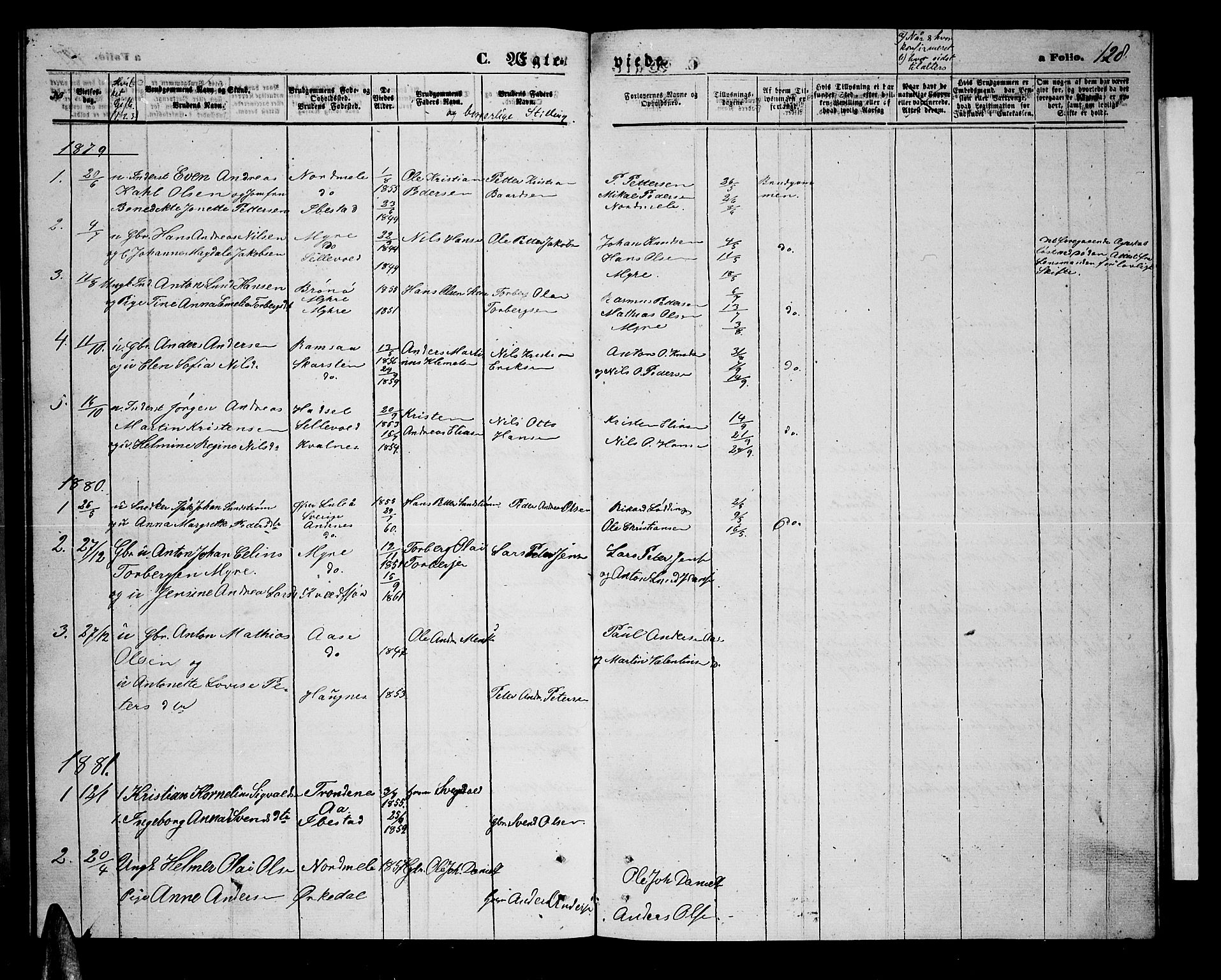 Ministerialprotokoller, klokkerbøker og fødselsregistre - Nordland, AV/SAT-A-1459/897/L1412: Parish register (copy) no. 897C02, 1867-1886, p. 128