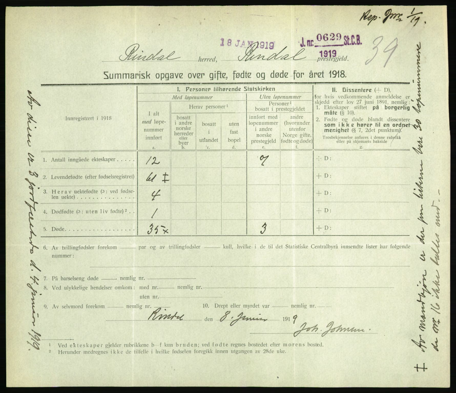 Statistisk sentralbyrå, Sosiodemografiske emner, Befolkning, RA/S-2228/D/Df/Dfb/Dfbh/L0059: Summariske oppgaver over gifte, fødte og døde for hele landet., 1918, p. 1223