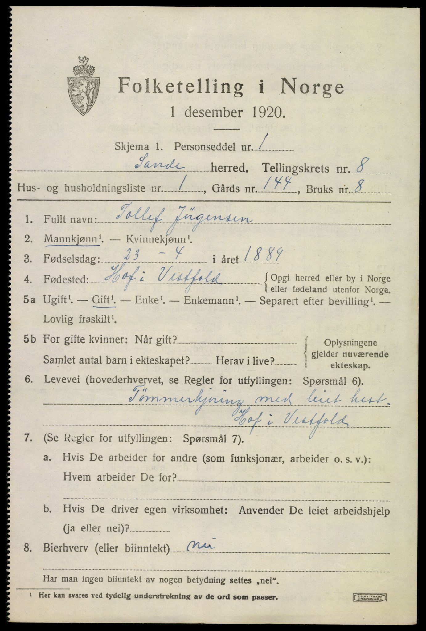 SAKO, 1920 census for Sande, 1920, p. 8956