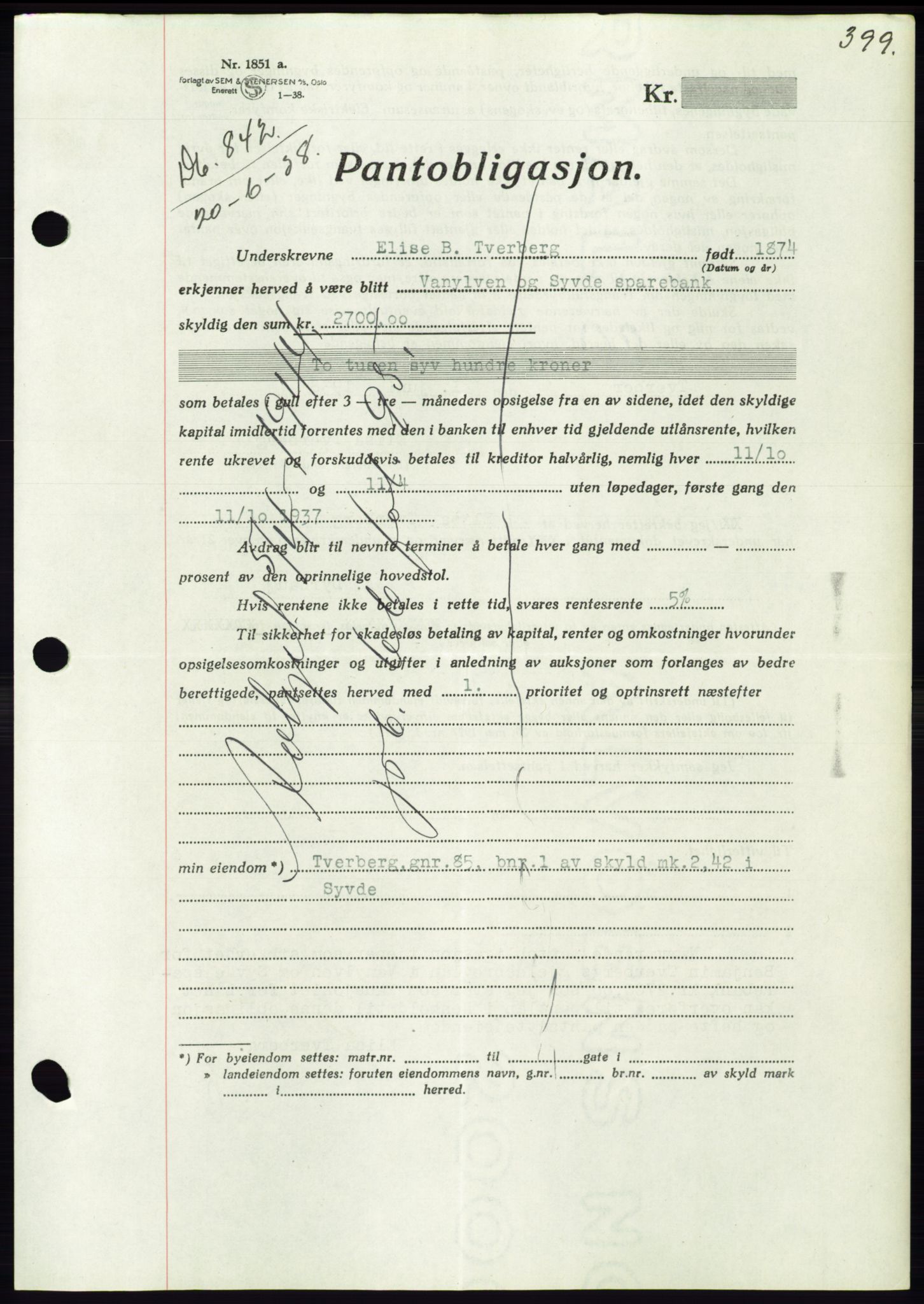 Søre Sunnmøre sorenskriveri, AV/SAT-A-4122/1/2/2C/L0065: Mortgage book no. 59, 1938-1938, Diary no: : 842/1938