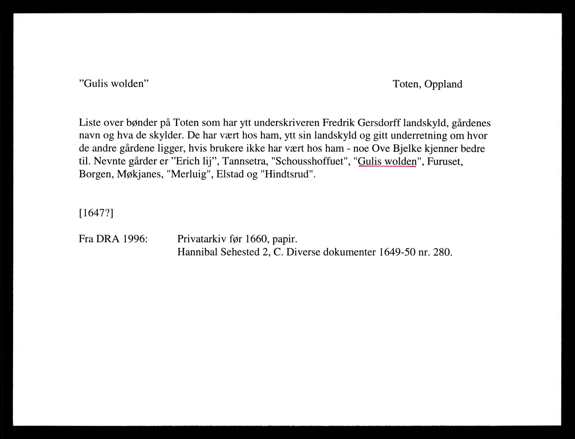 Riksarkivets diplomsamling, AV/RA-EA-5965/F35/F35e/L0011: Registreringssedler Oppland 3, 1400-1700, p. 119