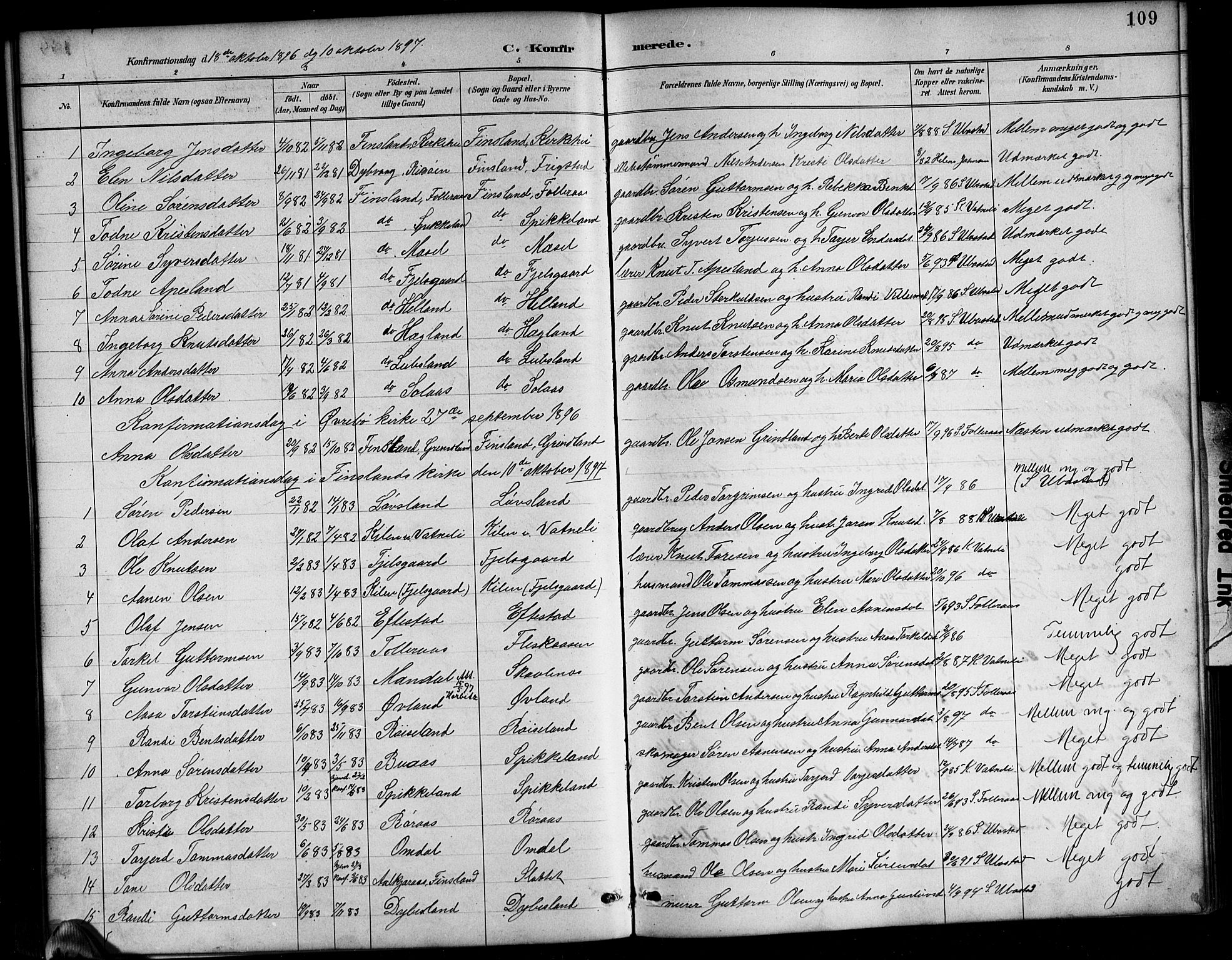 Bjelland sokneprestkontor, SAK/1111-0005/F/Fb/Fbb/L0005: Parish register (copy) no. B 5, 1887-1918, p. 109
