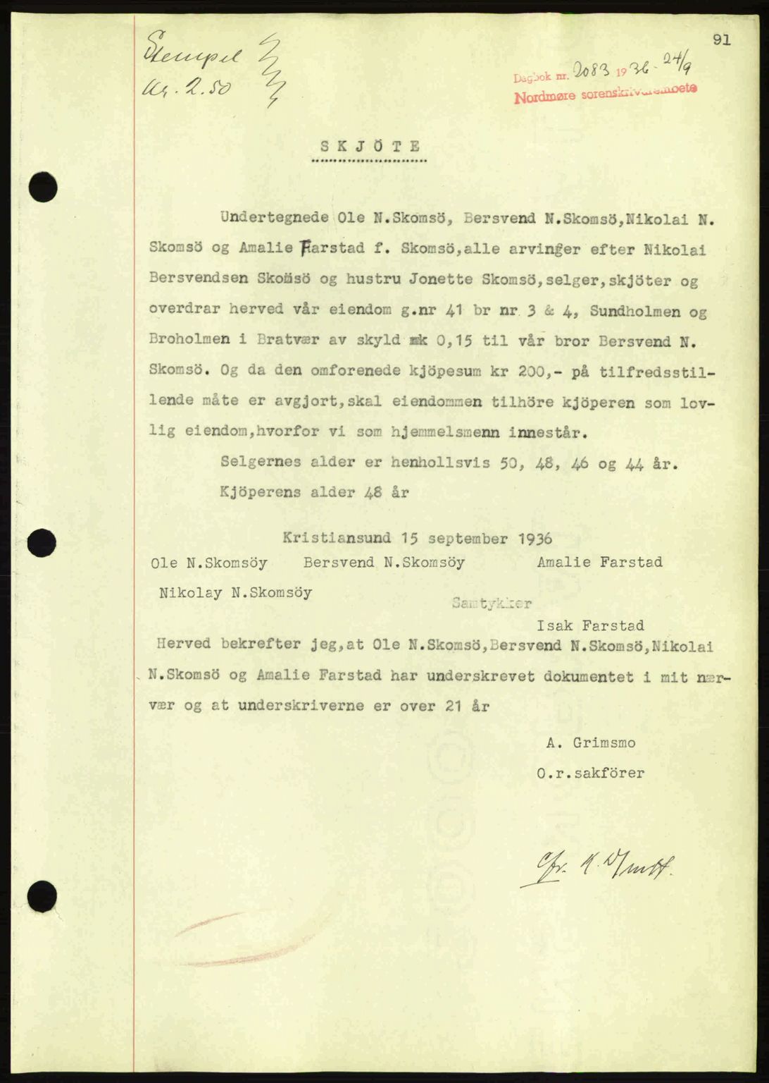 Nordmøre sorenskriveri, AV/SAT-A-4132/1/2/2Ca: Mortgage book no. A80, 1936-1937, Diary no: : 2083/1936